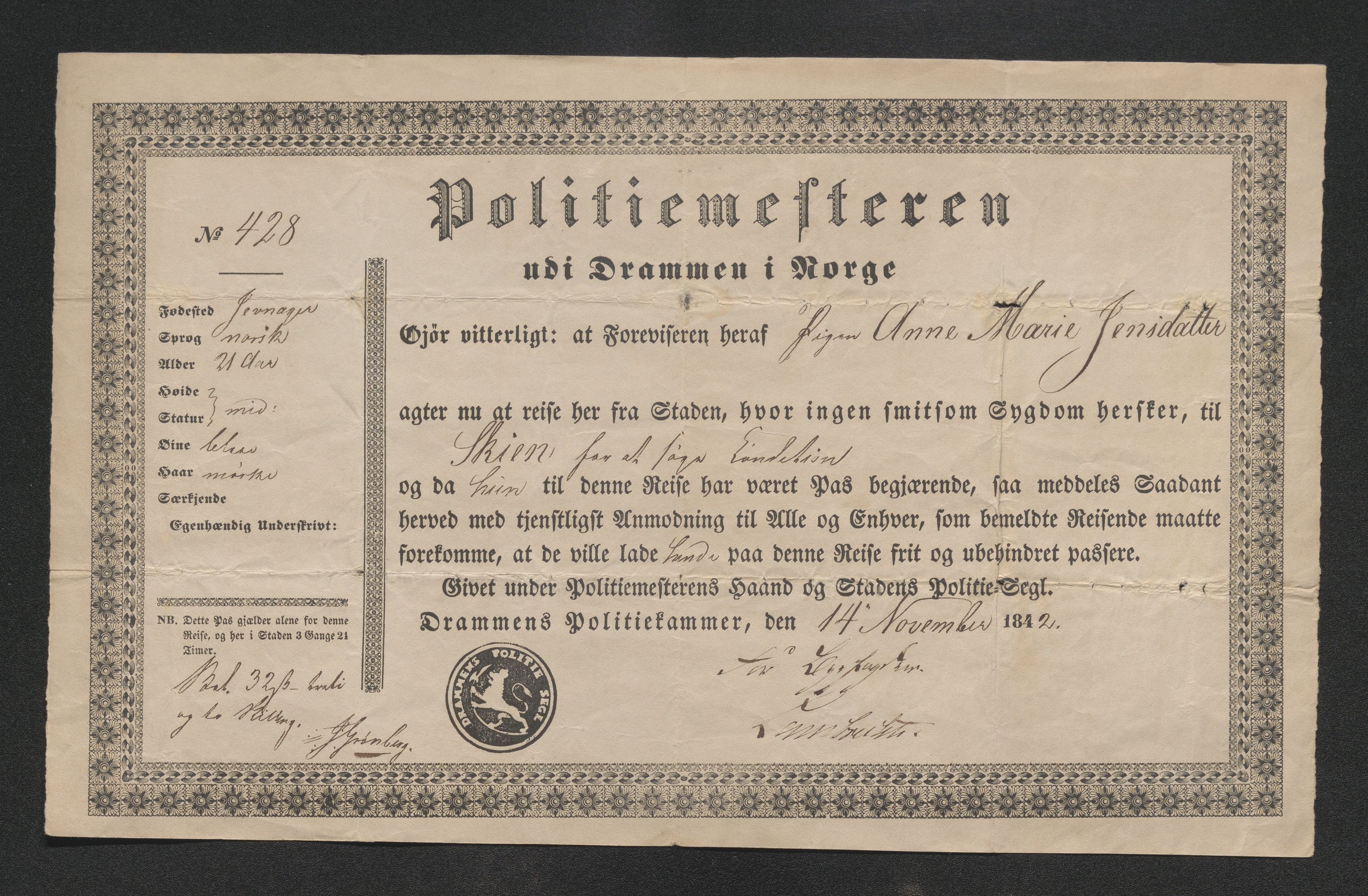 Drammen politikammer, SAKO/A-623/I/Ia/Iab/L0007: Innleverte pass, 1843-1844, s. 43
