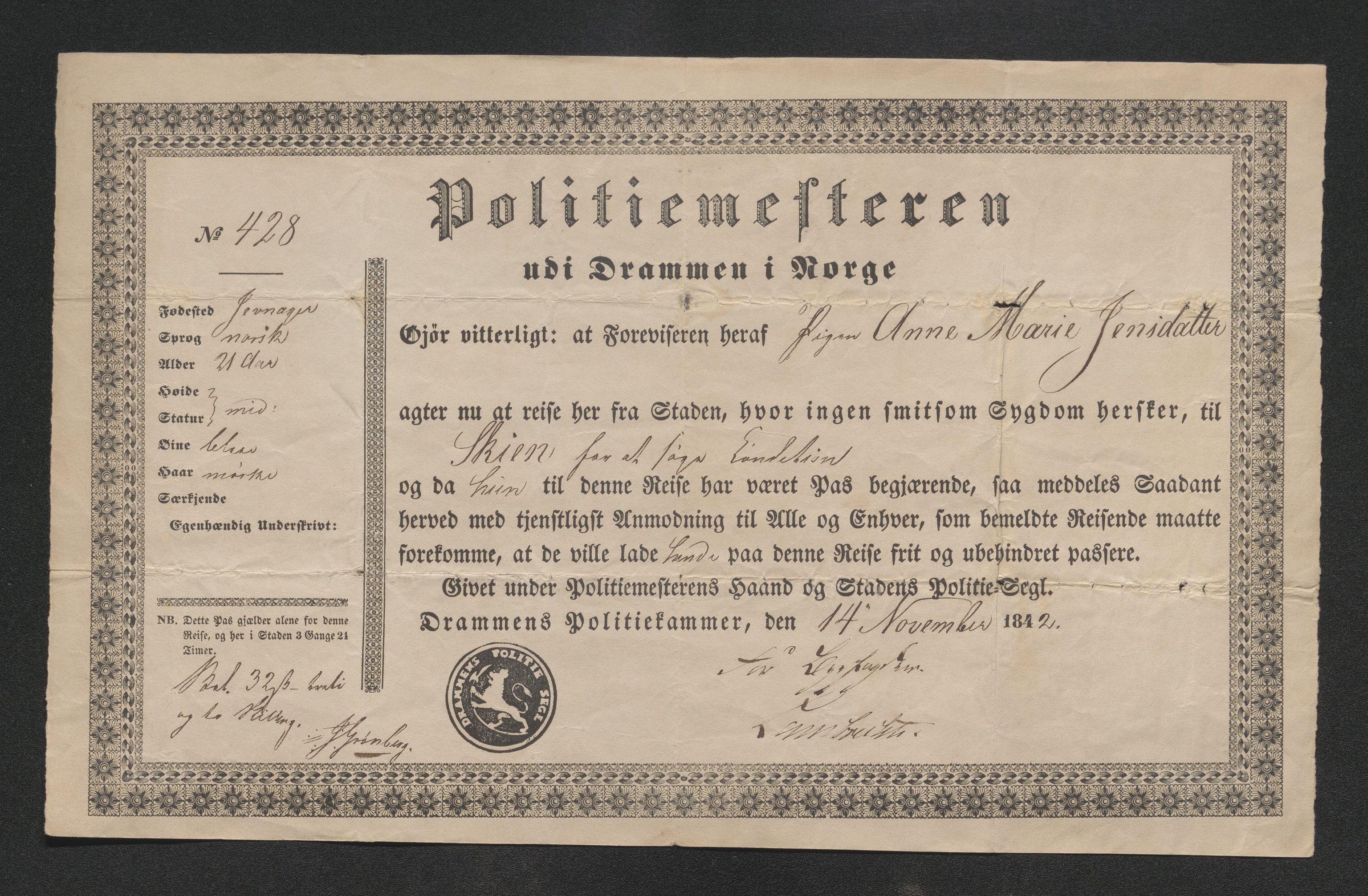 Drammen politikammer, AV/SAKO-A-623/I/Ia/Iab/L0007: Innleverte pass, 1843-1844, s. 43