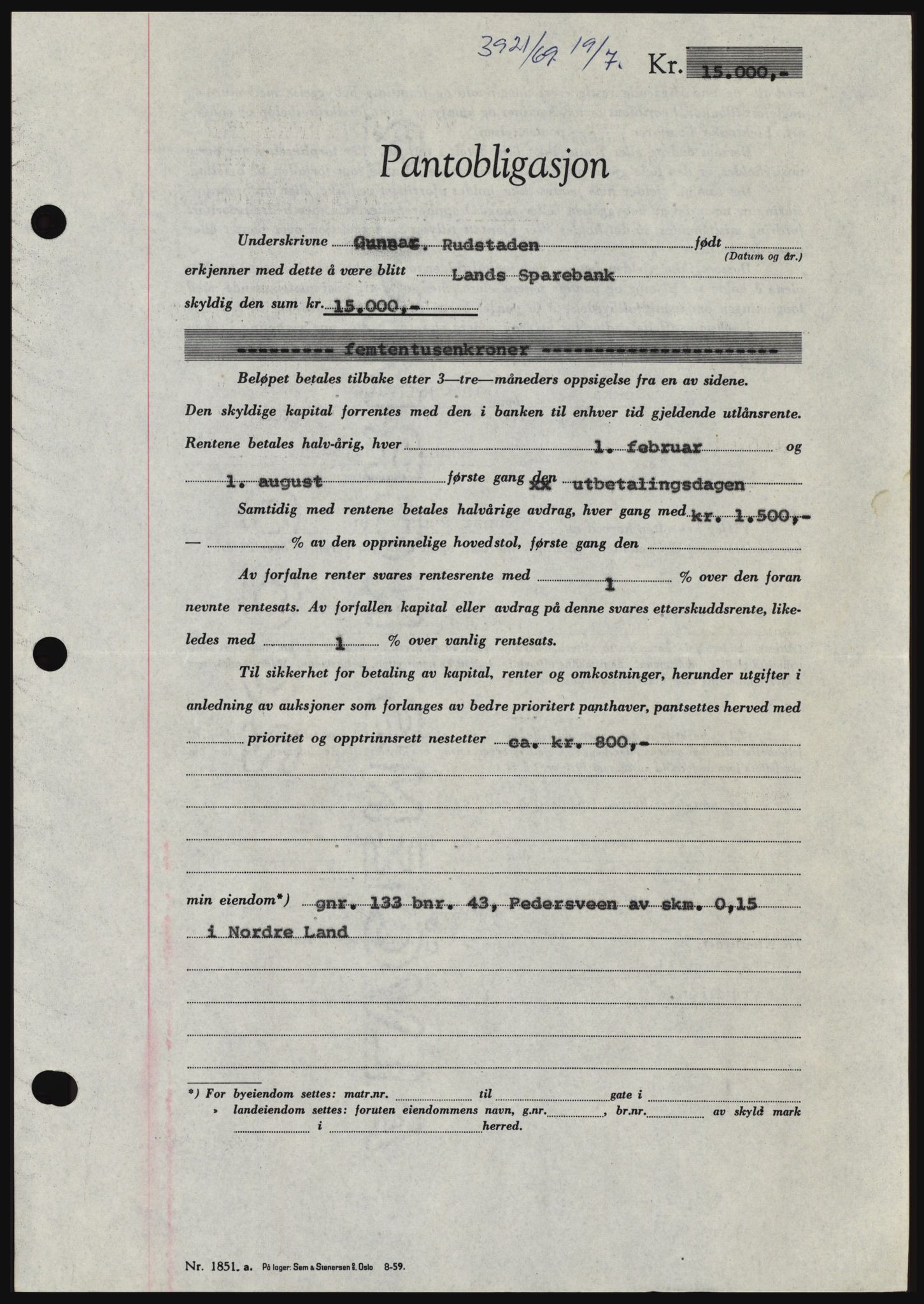 Hadeland og Land tingrett, SAH/TING-010/H/Hb/Hbc/L0074: Pantebok nr. B74, 1969-1969, Dagboknr: 3921/1969