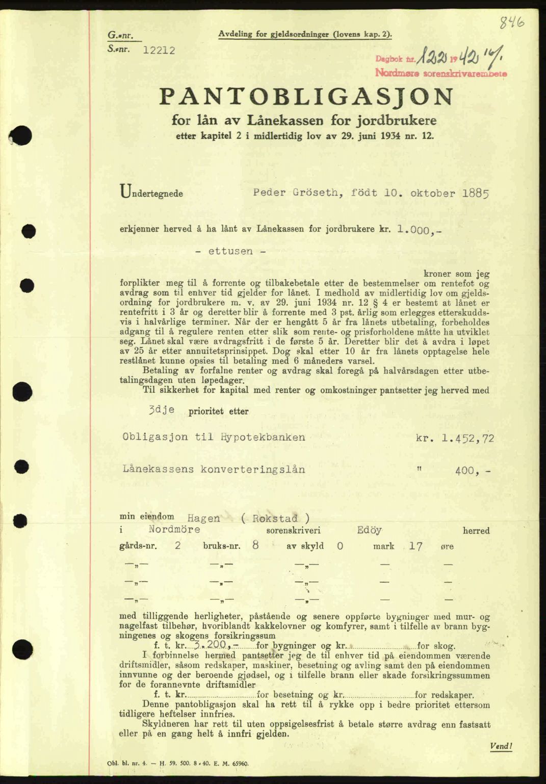 Nordmøre sorenskriveri, SAT/A-4132/1/2/2Ca: Pantebok nr. B88, 1941-1942, Dagboknr: 122/1942