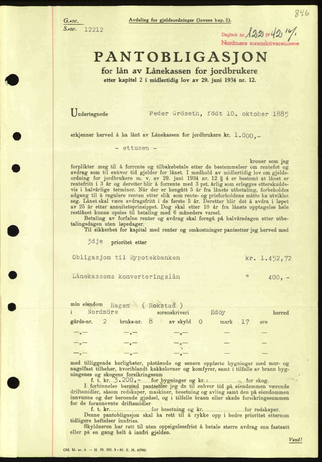 Nordmøre sorenskriveri, AV/SAT-A-4132/1/2/2Ca: Pantebok nr. B88, 1941-1942, Dagboknr: 122/1942