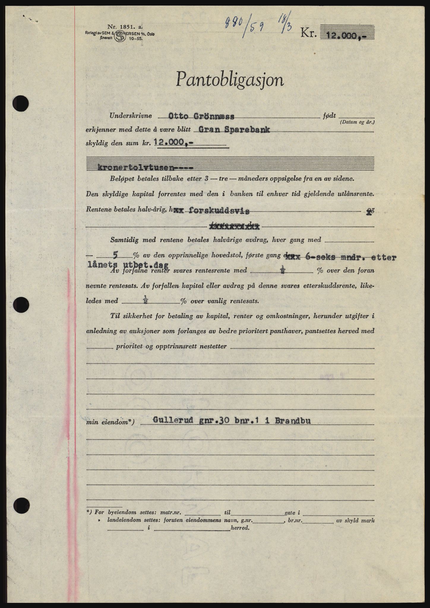 Hadeland og Land tingrett, SAH/TING-010/H/Hb/Hbc/L0040: Pantebok nr. B40, 1959-1959, Dagboknr: 880/1959