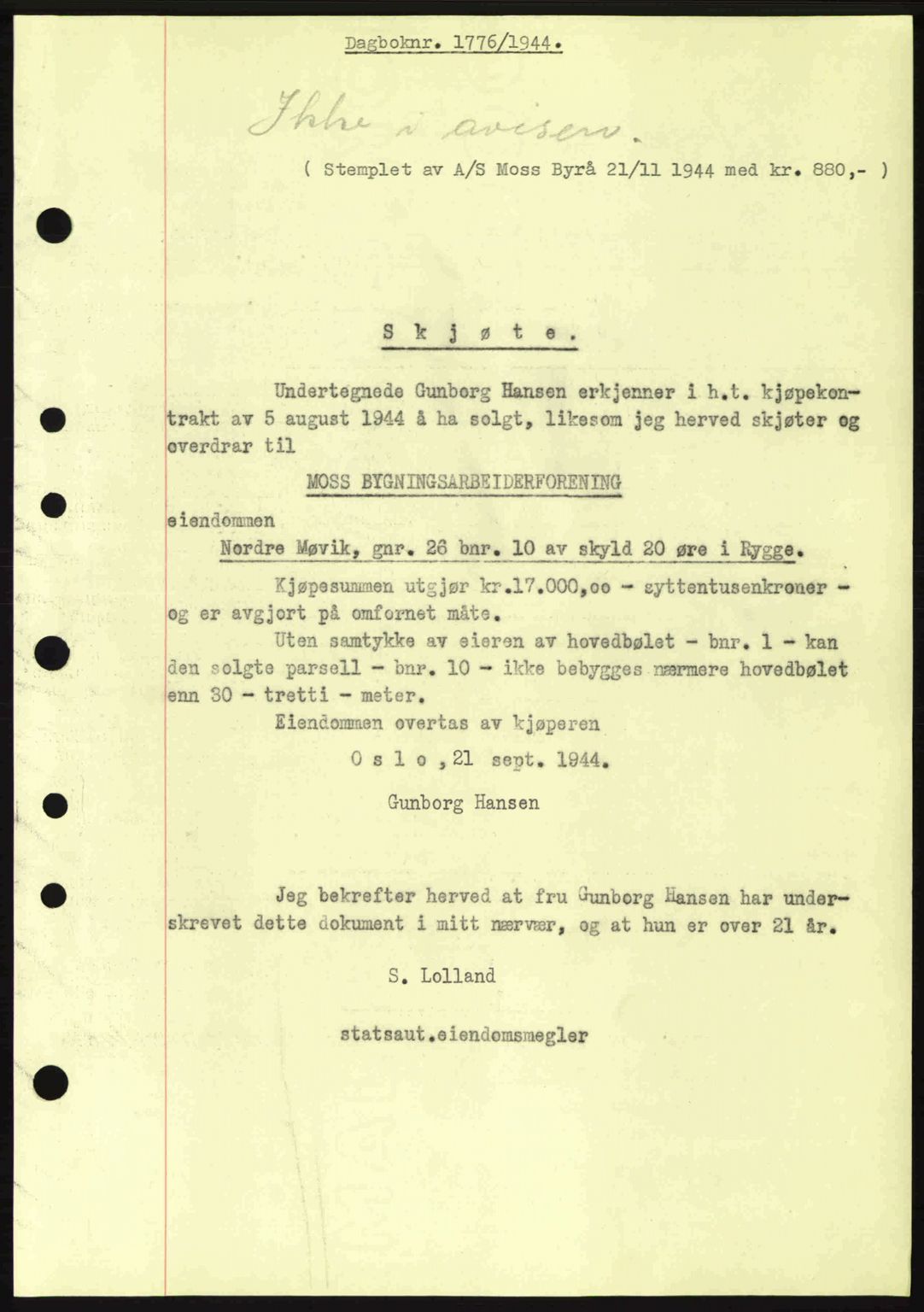 Moss sorenskriveri, SAO/A-10168: Pantebok nr. A13, 1944-1945, Dagboknr: 1776/1944