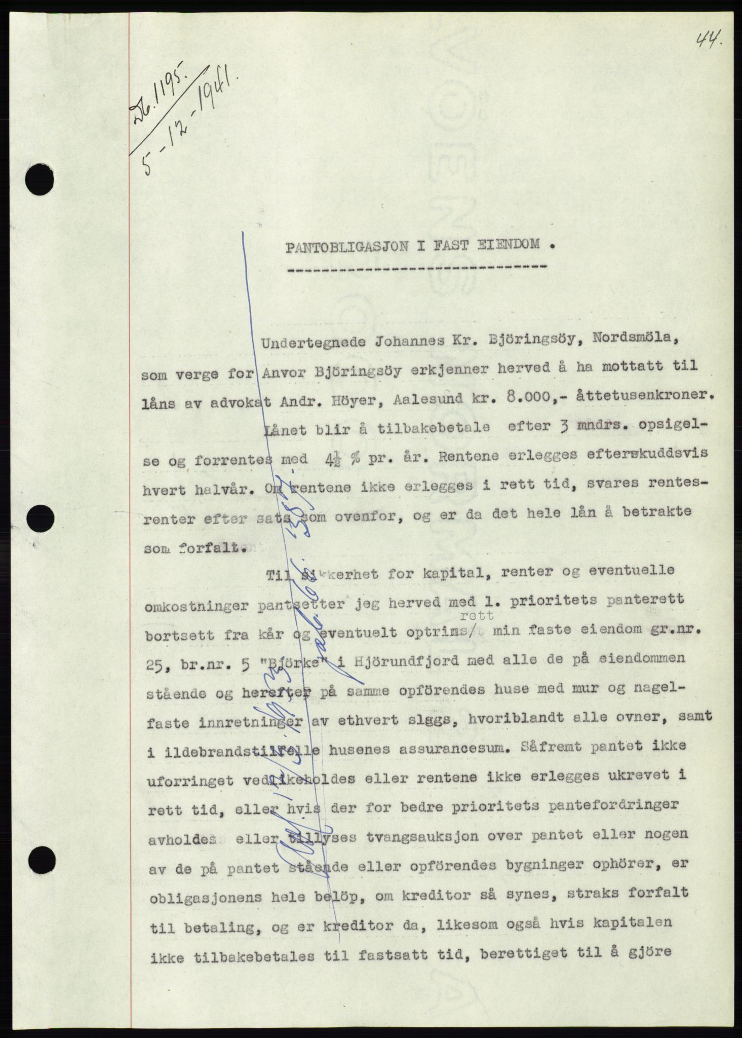 Søre Sunnmøre sorenskriveri, SAT/A-4122/1/2/2C/L0073: Pantebok nr. 67, 1941-1942, Dagboknr: 1195/1941