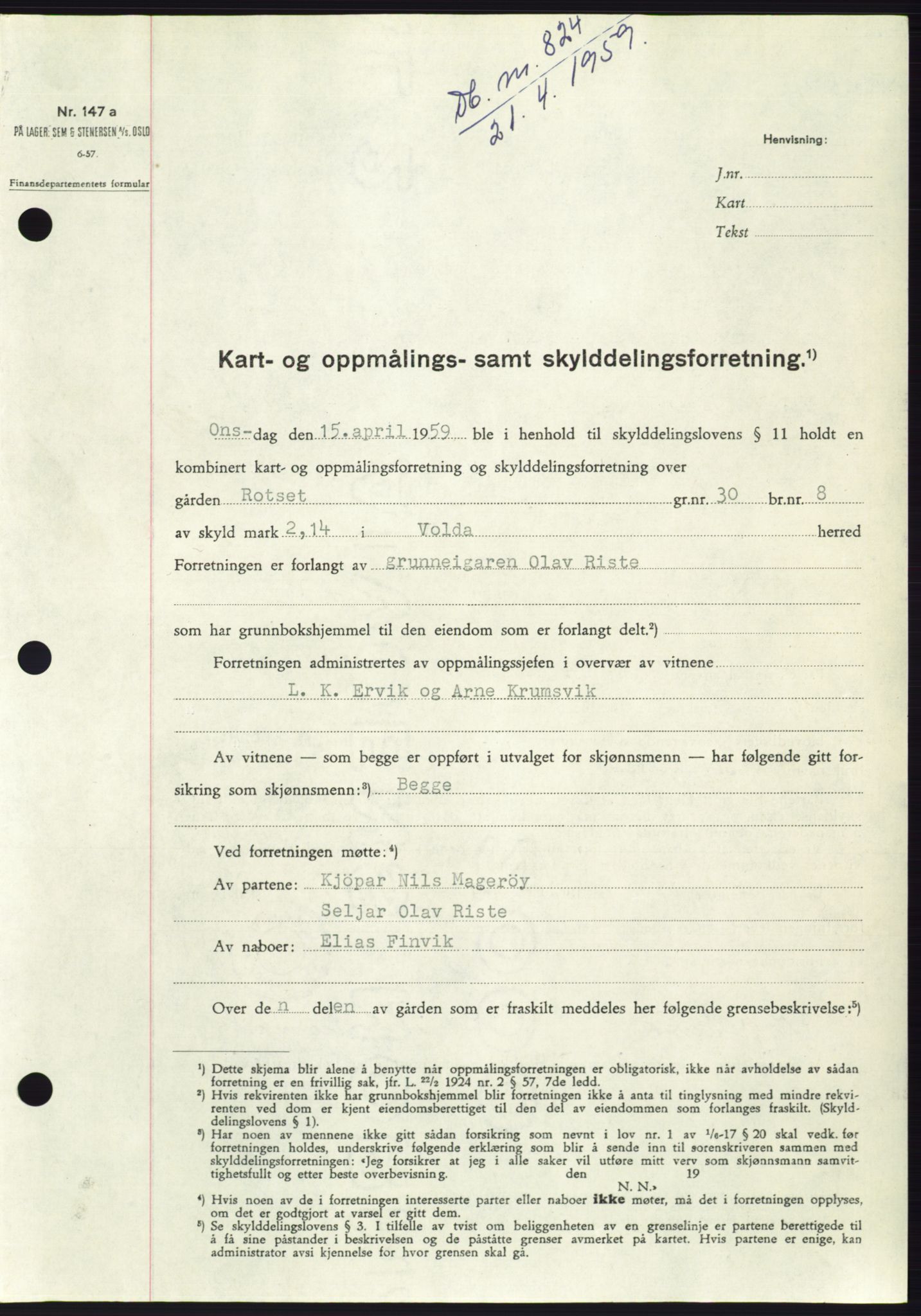 Søre Sunnmøre sorenskriveri, SAT/A-4122/1/2/2C/L0112: Pantebok nr. 38A, 1959-1959, Dagboknr: 824/1959