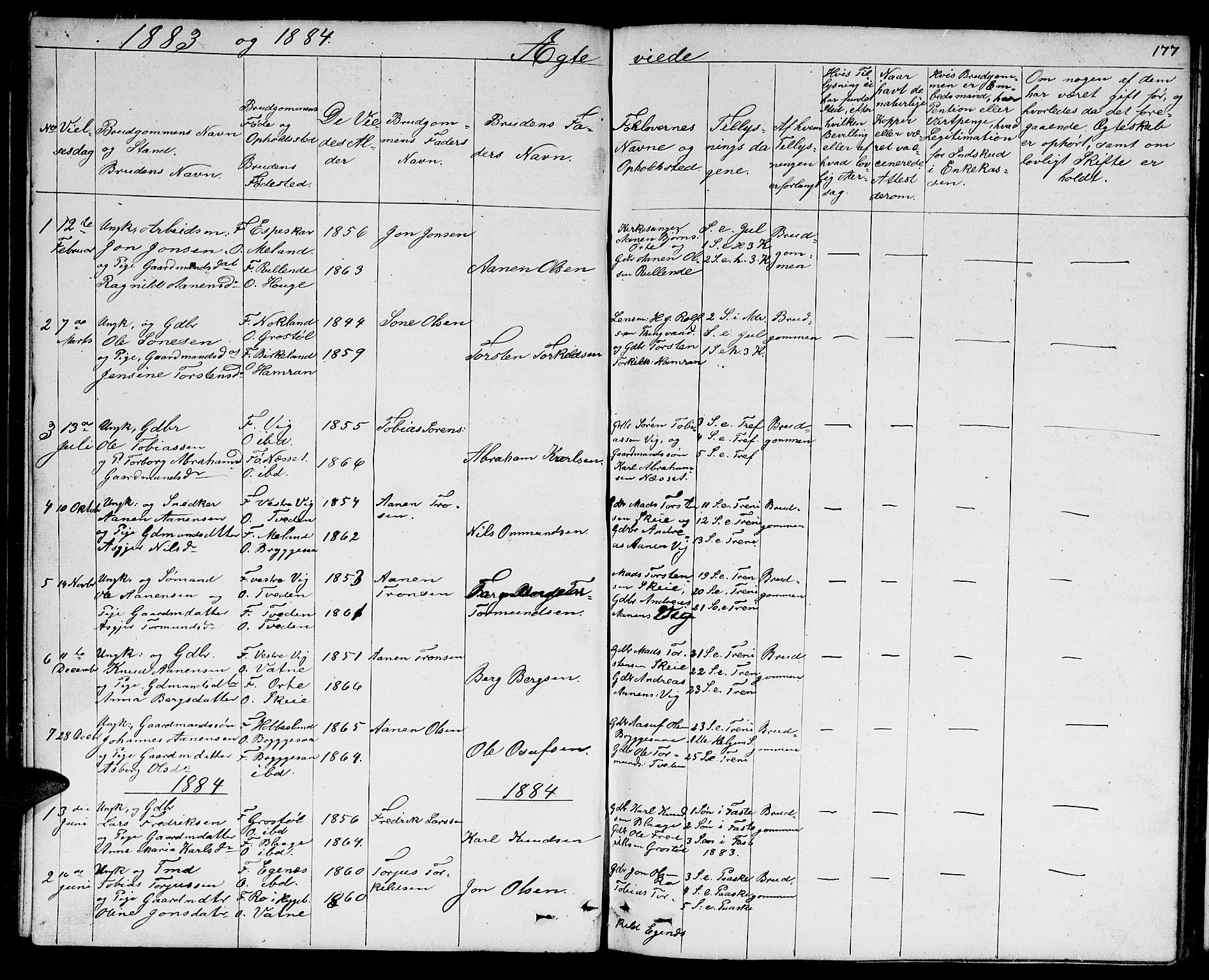 Hægebostad sokneprestkontor, AV/SAK-1111-0024/F/Fb/Fbb/L0002: Klokkerbok nr. B 2, 1851-1886, s. 177