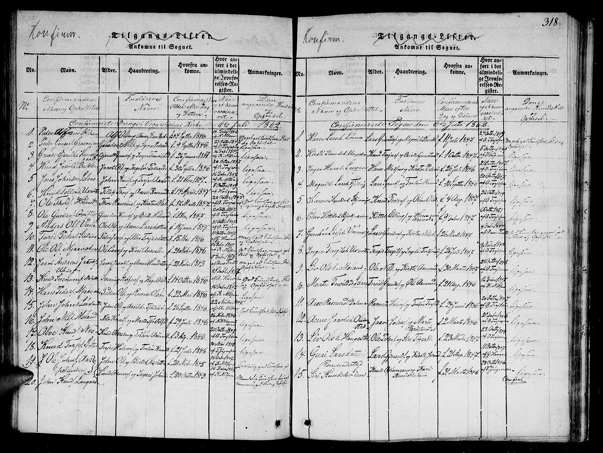 Gjerstad sokneprestkontor, SAK/1111-0014/F/Fb/Fbb/L0001: Klokkerbok nr. B 1, 1813-1863, s. 318