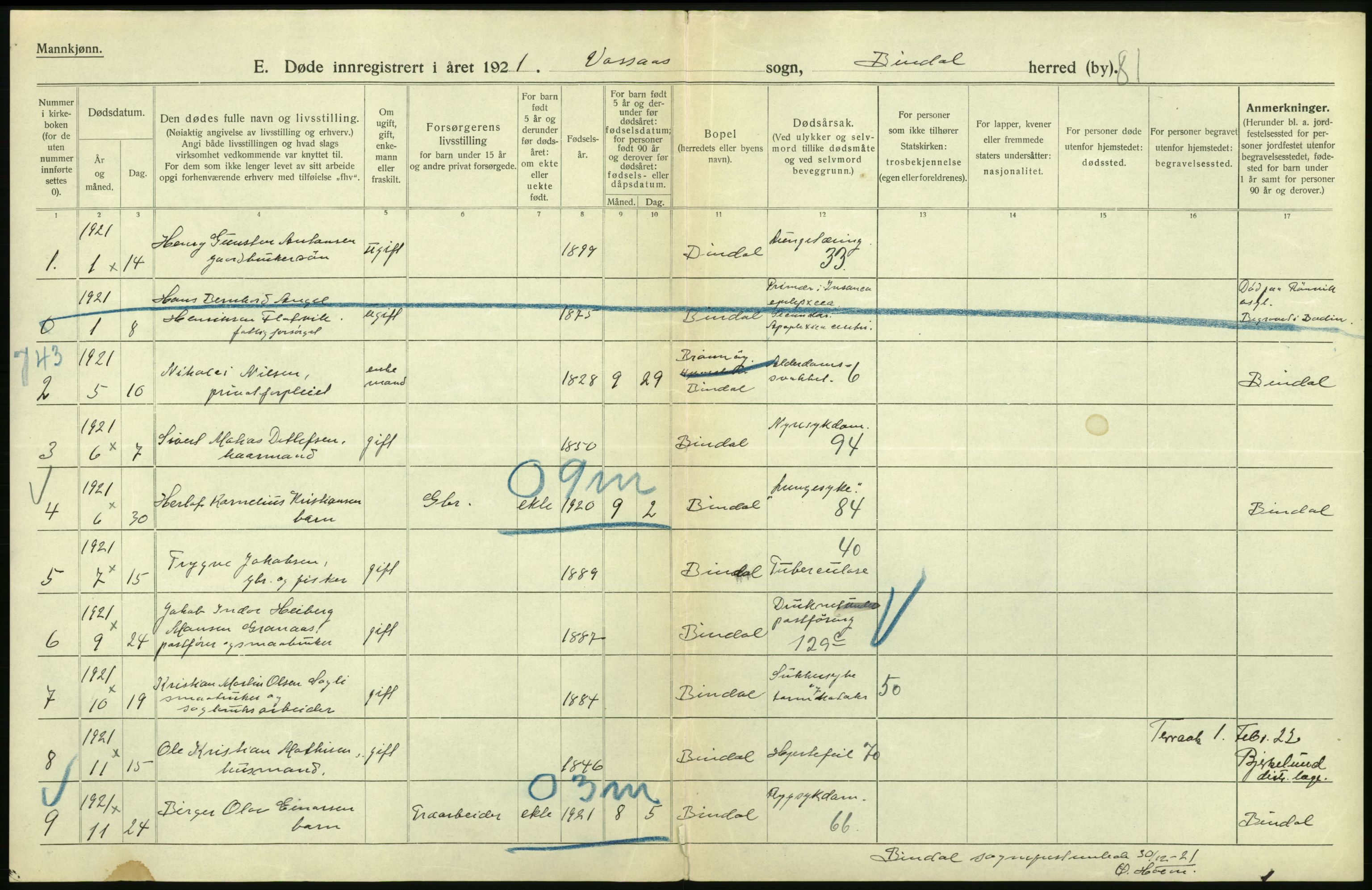 Statistisk sentralbyrå, Sosiodemografiske emner, Befolkning, AV/RA-S-2228/D/Df/Dfc/Dfca/L0051: Nordland fylke: Døde. Bygder og byer., 1921