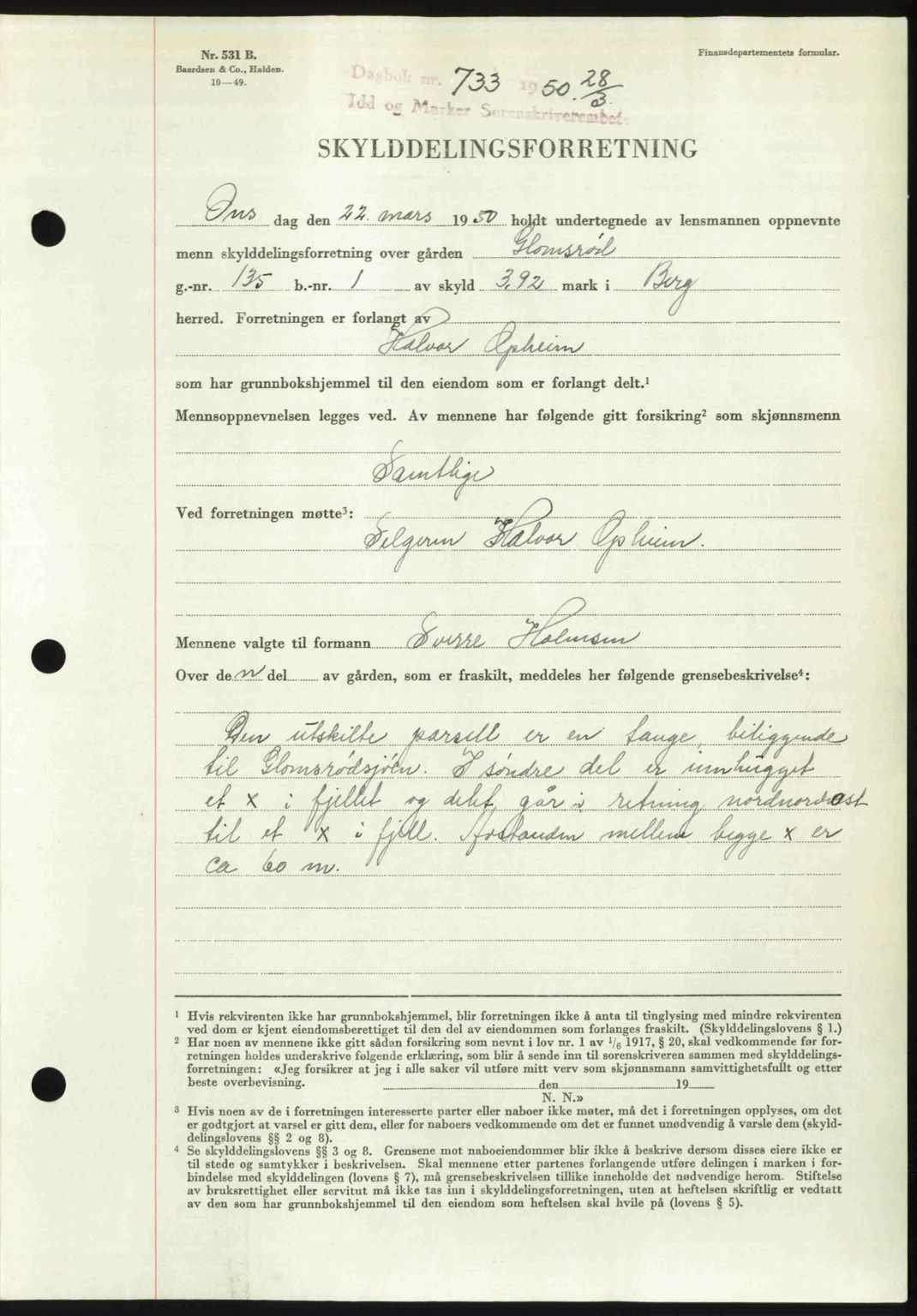 Idd og Marker sorenskriveri, AV/SAO-A-10283/G/Gb/Gbb/L0014: Pantebok nr. A14, 1950-1950, Dagboknr: 733/1950