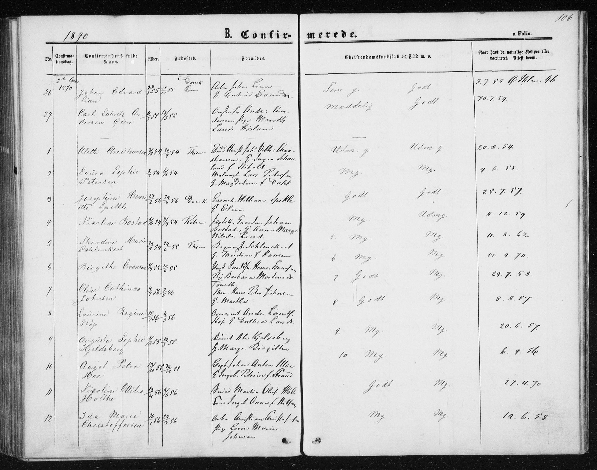 Ministerialprotokoller, klokkerbøker og fødselsregistre - Sør-Trøndelag, SAT/A-1456/602/L0114: Ministerialbok nr. 602A12, 1856-1872, s. 106