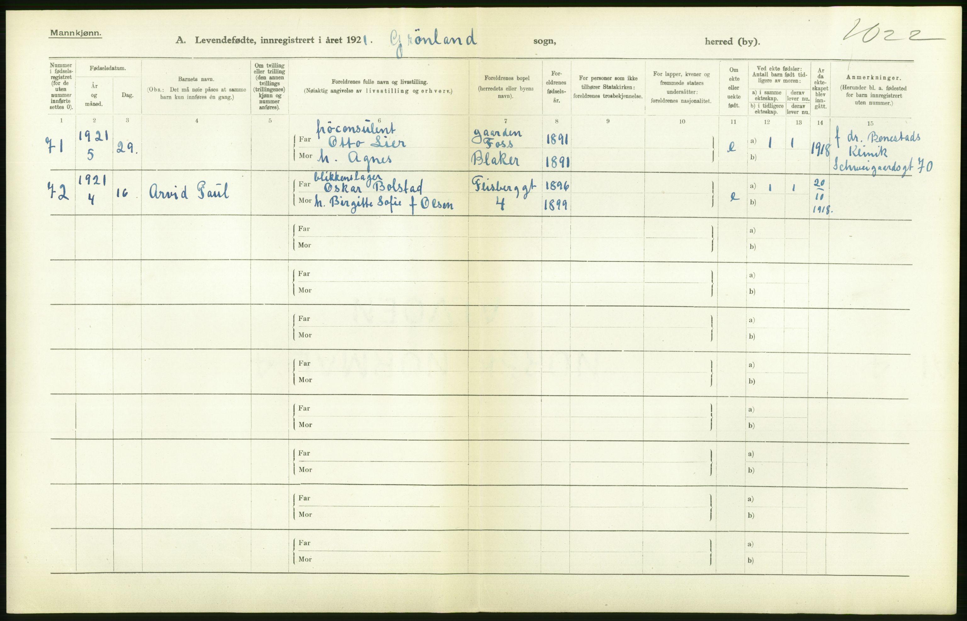 Statistisk sentralbyrå, Sosiodemografiske emner, Befolkning, AV/RA-S-2228/D/Df/Dfc/Dfca/L0010: Kristiania: Levendefødte menn og kvinner., 1921, s. 458