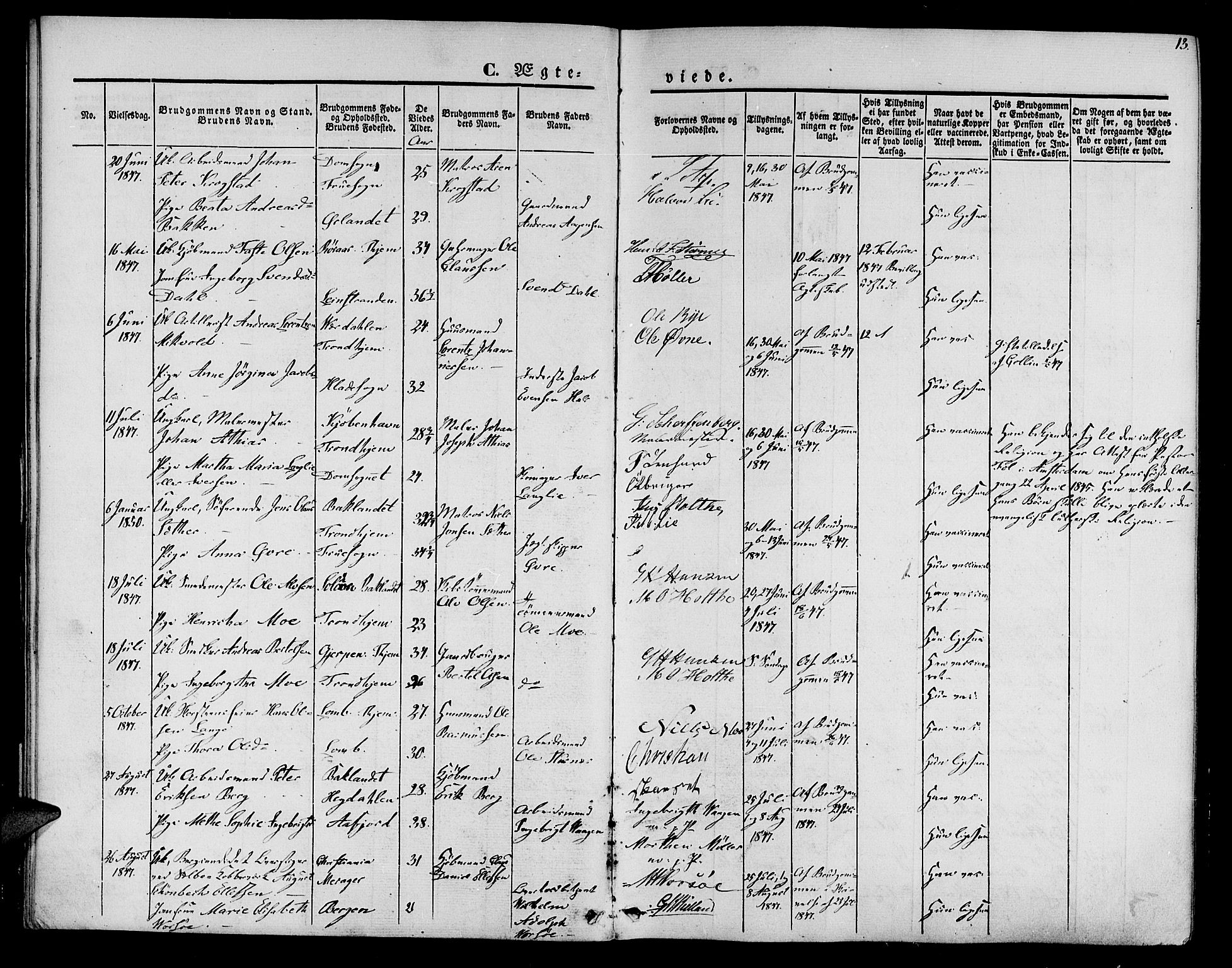 Ministerialprotokoller, klokkerbøker og fødselsregistre - Sør-Trøndelag, SAT/A-1456/602/L0111: Ministerialbok nr. 602A09, 1844-1867, s. 13