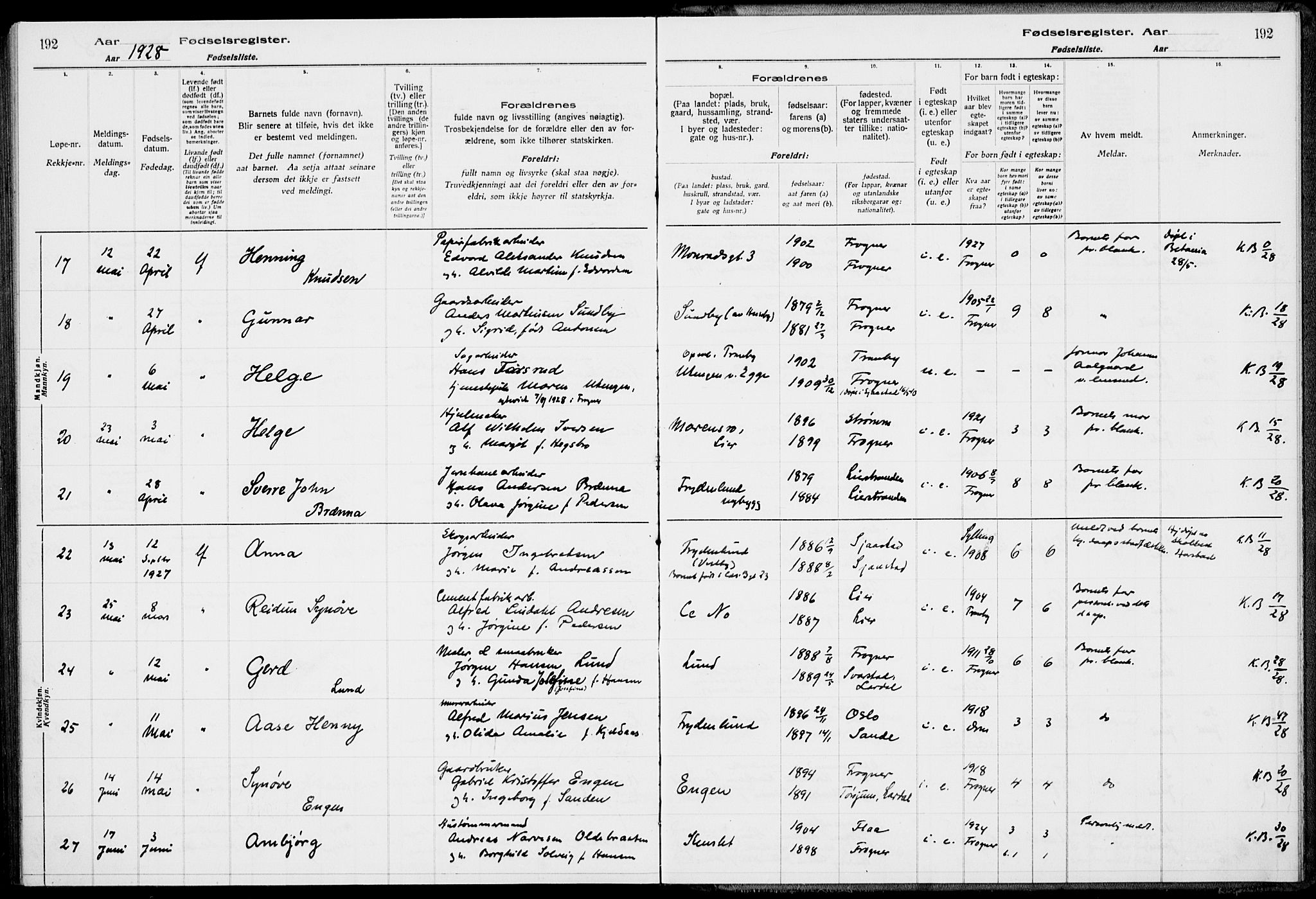 Lier kirkebøker, AV/SAKO-A-230/J/Ja/L0001: Fødselsregister nr. 1, 1916-1928, s. 192