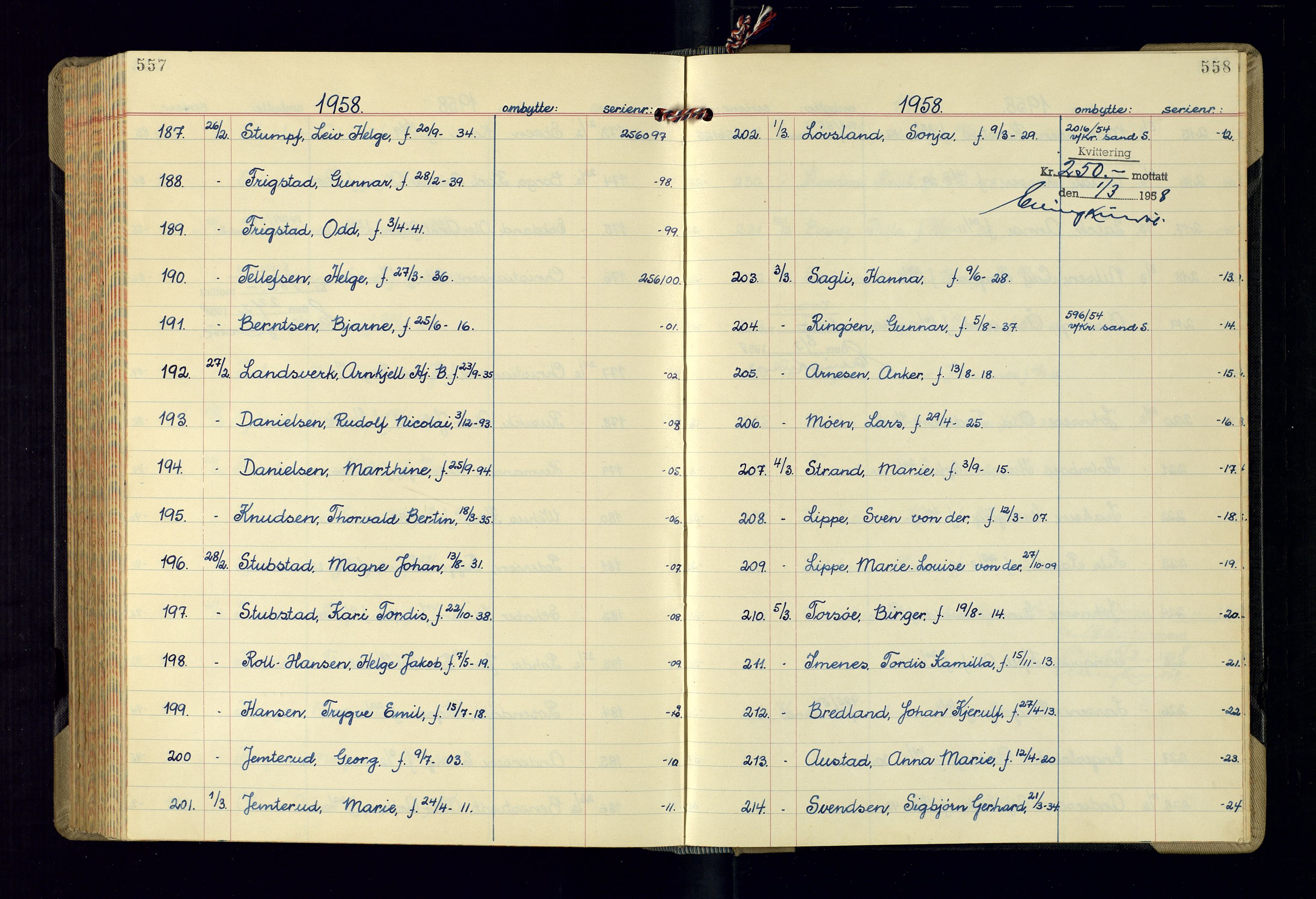 Kristiansand politikammer - 2, AV/SAK-1243-0009/K/Ka/Kaa/L0613: Passprotokoll, liste med løpenumre, 1954-1958, s. 557-558