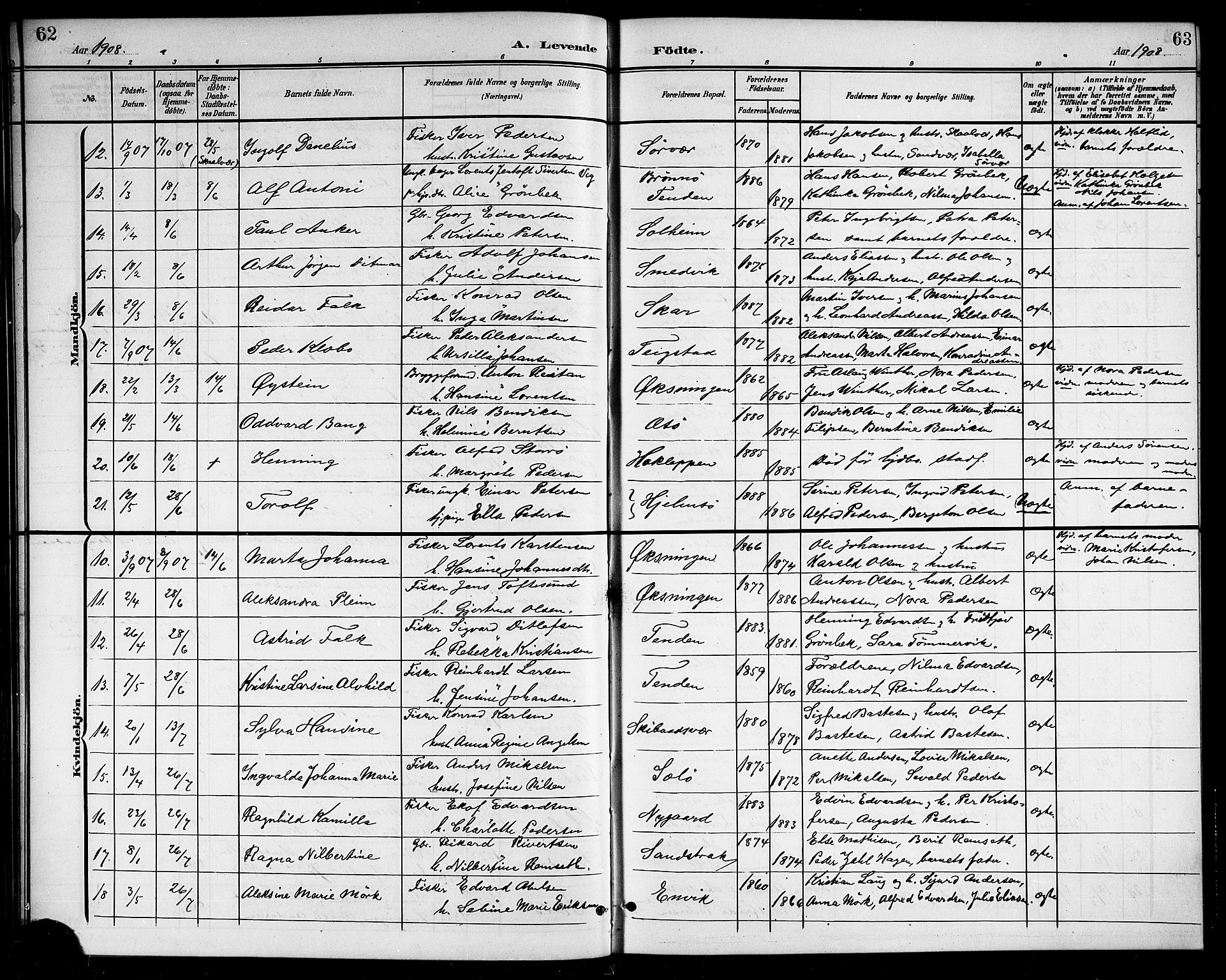 Ministerialprotokoller, klokkerbøker og fødselsregistre - Nordland, AV/SAT-A-1459/834/L0516: Klokkerbok nr. 834C06, 1902-1918, s. 62-63