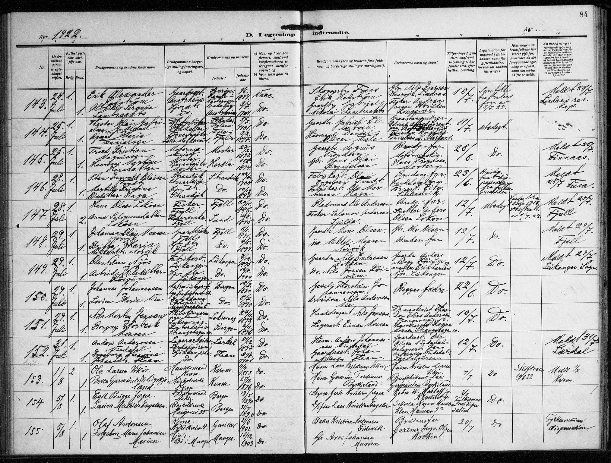 Nykirken Sokneprestembete, AV/SAB-A-77101/H/Haa/L0037: Ministerialbok nr. D 7, 1918-1926, s. 84