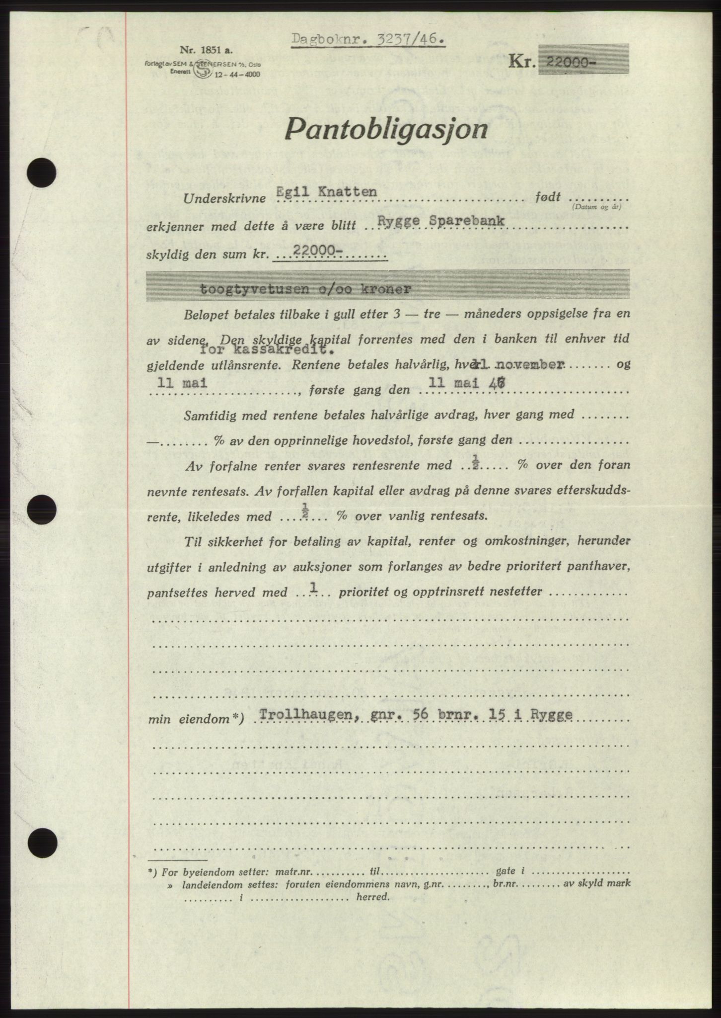 Moss sorenskriveri, SAO/A-10168: Pantebok nr. B16, 1946-1947, Dagboknr: 3237/1946