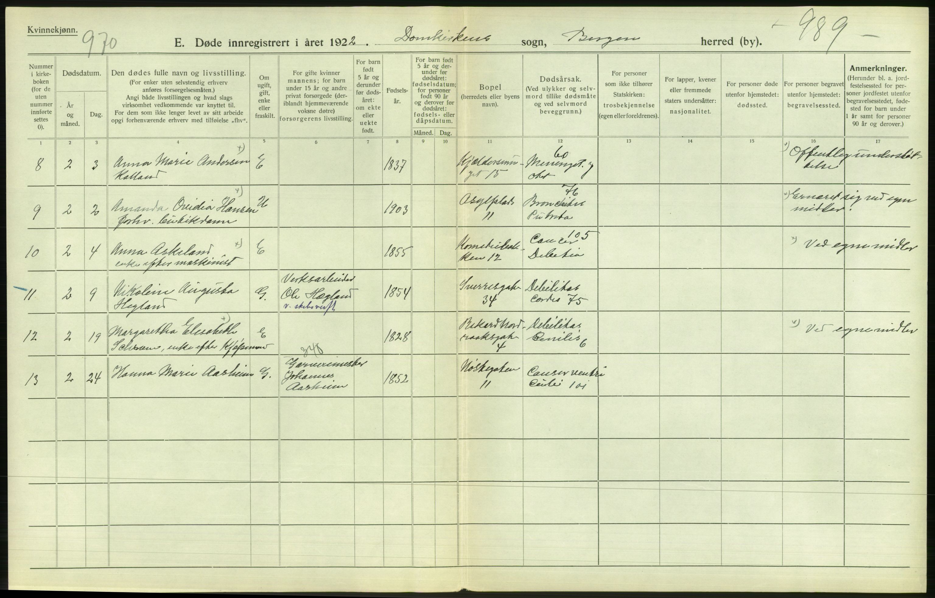 Statistisk sentralbyrå, Sosiodemografiske emner, Befolkning, AV/RA-S-2228/D/Df/Dfc/Dfcb/L0030: Bergen: Gifte, døde, dødfødte., 1922, s. 738