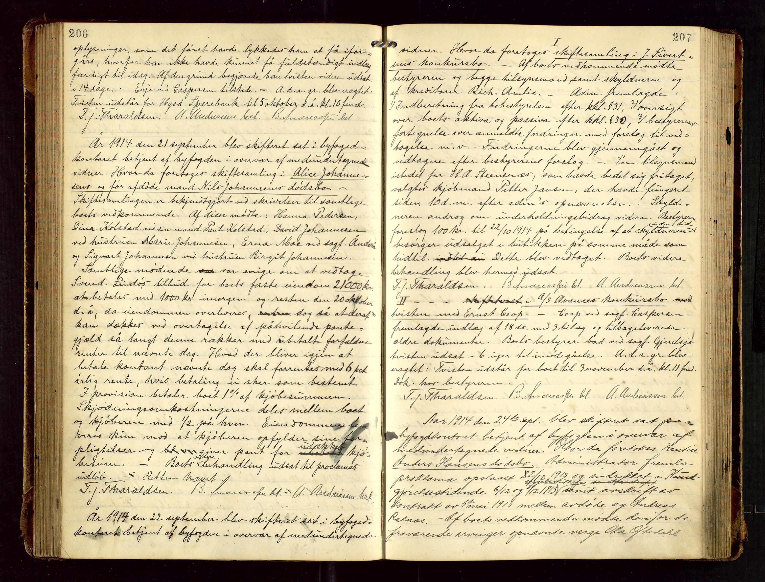 Haugesund tingrett, AV/SAST-A-101415/01/IV/IVC/L0002: Skifteforhandlingsprotokoll, med register, 1912-1921, s. 206-207