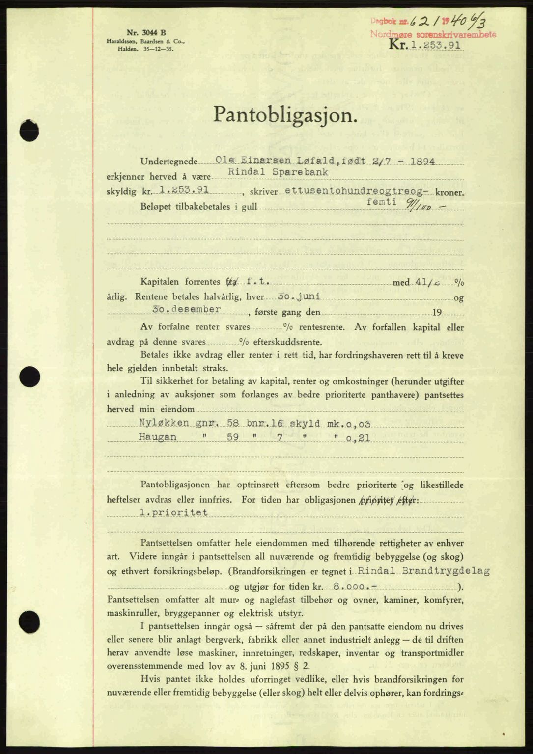 Nordmøre sorenskriveri, AV/SAT-A-4132/1/2/2Ca: Pantebok nr. B86, 1939-1940, Dagboknr: 621/1940