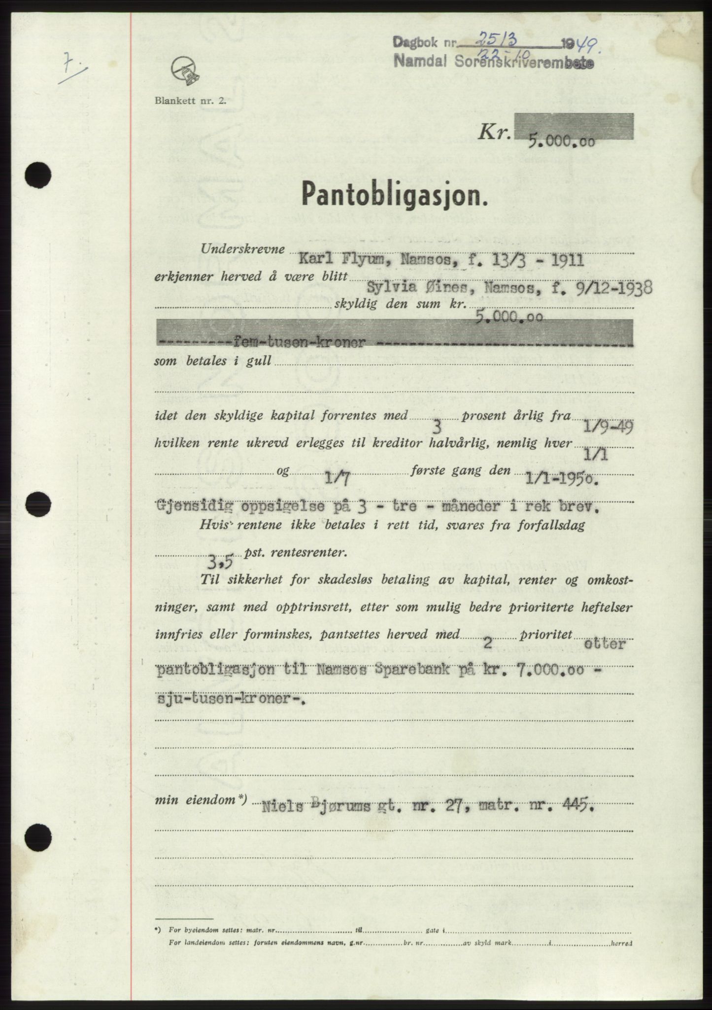 Namdal sorenskriveri, SAT/A-4133/1/2/2C: Pantebok nr. -, 1949-1949, Dagboknr: 2513/1949