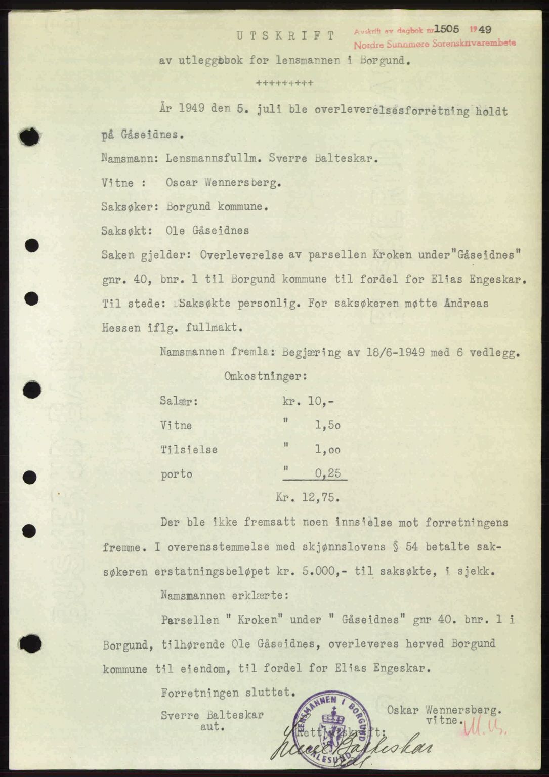 Nordre Sunnmøre sorenskriveri, AV/SAT-A-0006/1/2/2C/2Ca: Pantebok nr. A31, 1949-1949, Dagboknr: 1505/1949