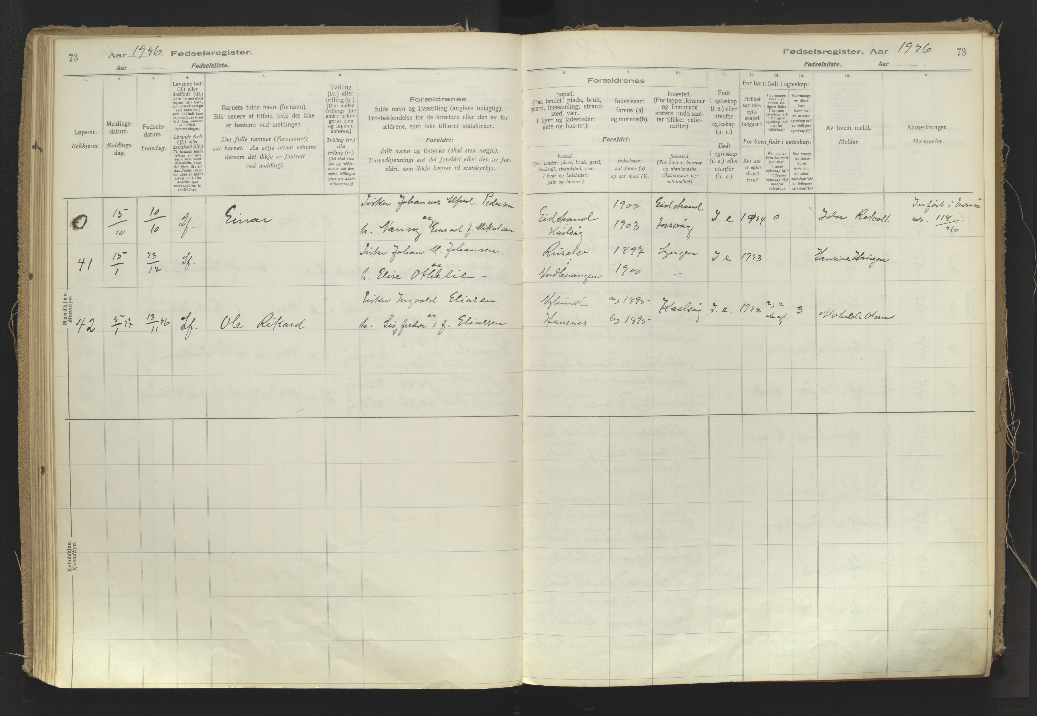 Karlsøy sokneprestembete, AV/SATØ-S-1299/I/Ic/L0064: Fødselsregister nr. 64, 1916-1943, s. 73