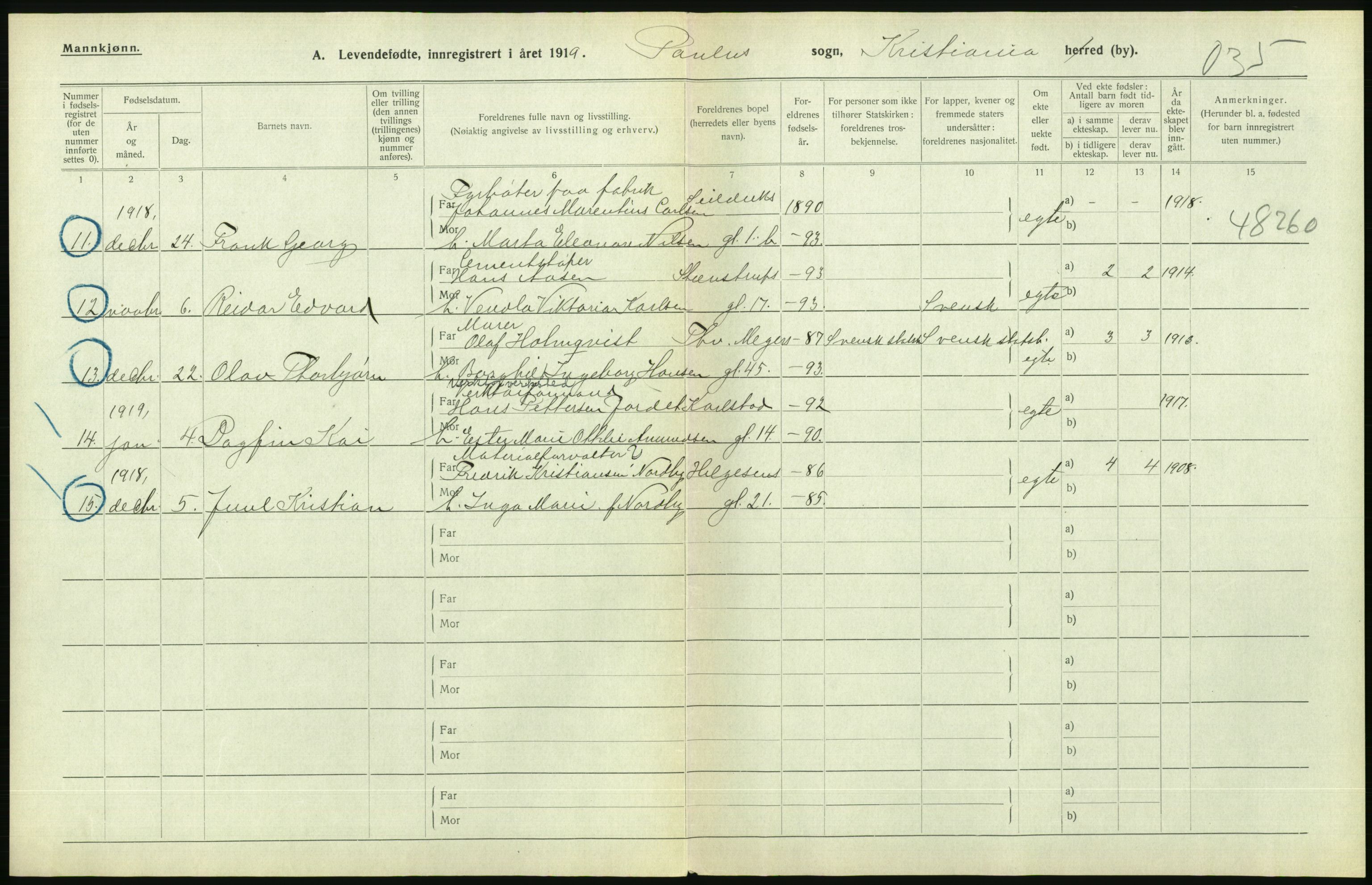 Statistisk sentralbyrå, Sosiodemografiske emner, Befolkning, AV/RA-S-2228/D/Df/Dfb/Dfbi/L0008: Kristiania: Levendefødte menn og kvinner., 1919