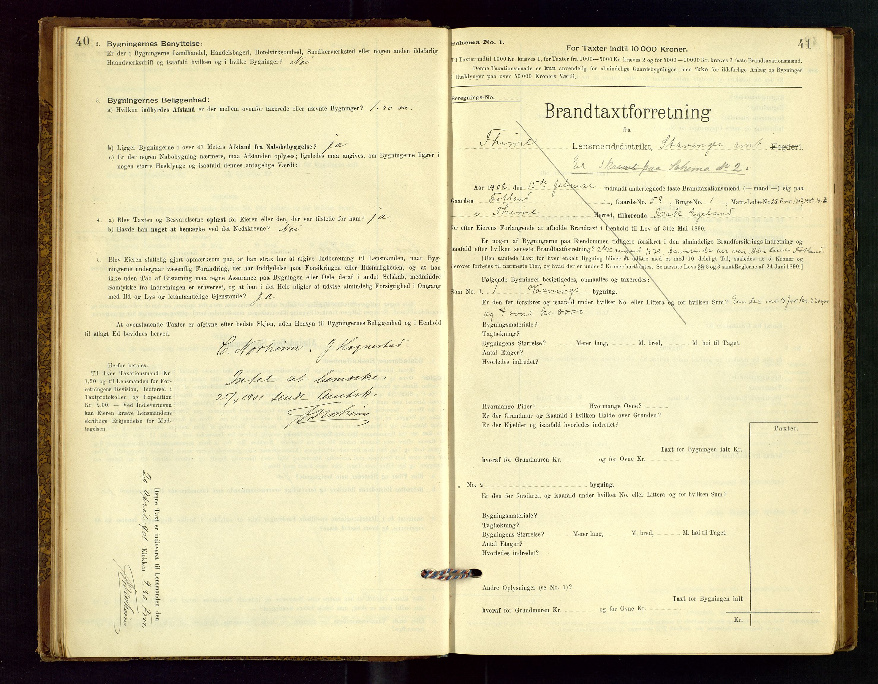 Time lensmannskontor, SAST/A-100420/Gob/L0001: Branntakstprotokoll, 1896-1914, s. 40-41