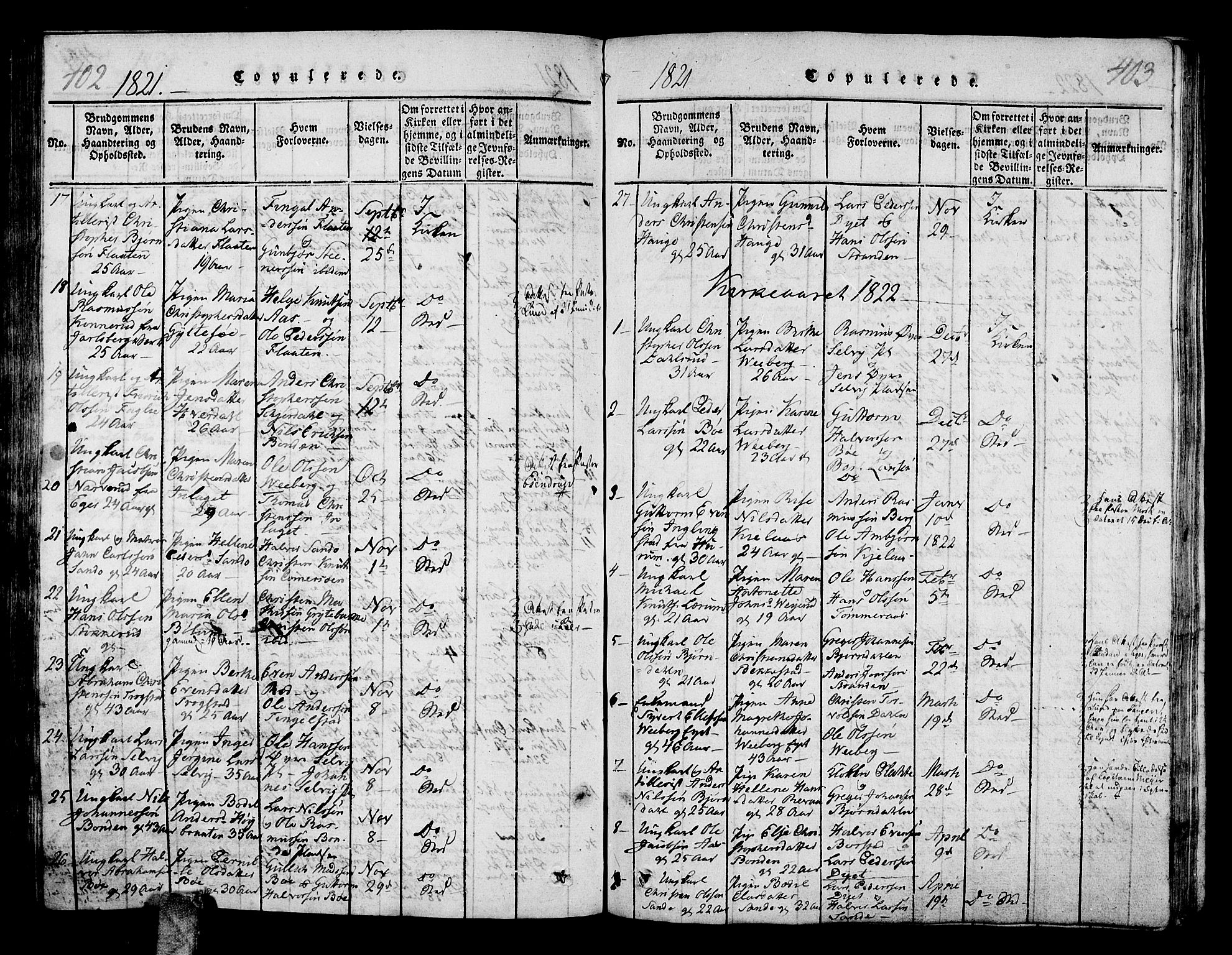 Sande Kirkebøker, AV/SAKO-A-53/G/Ga/L0001: Klokkerbok nr. 1, 1814-1847, s. 402-403
