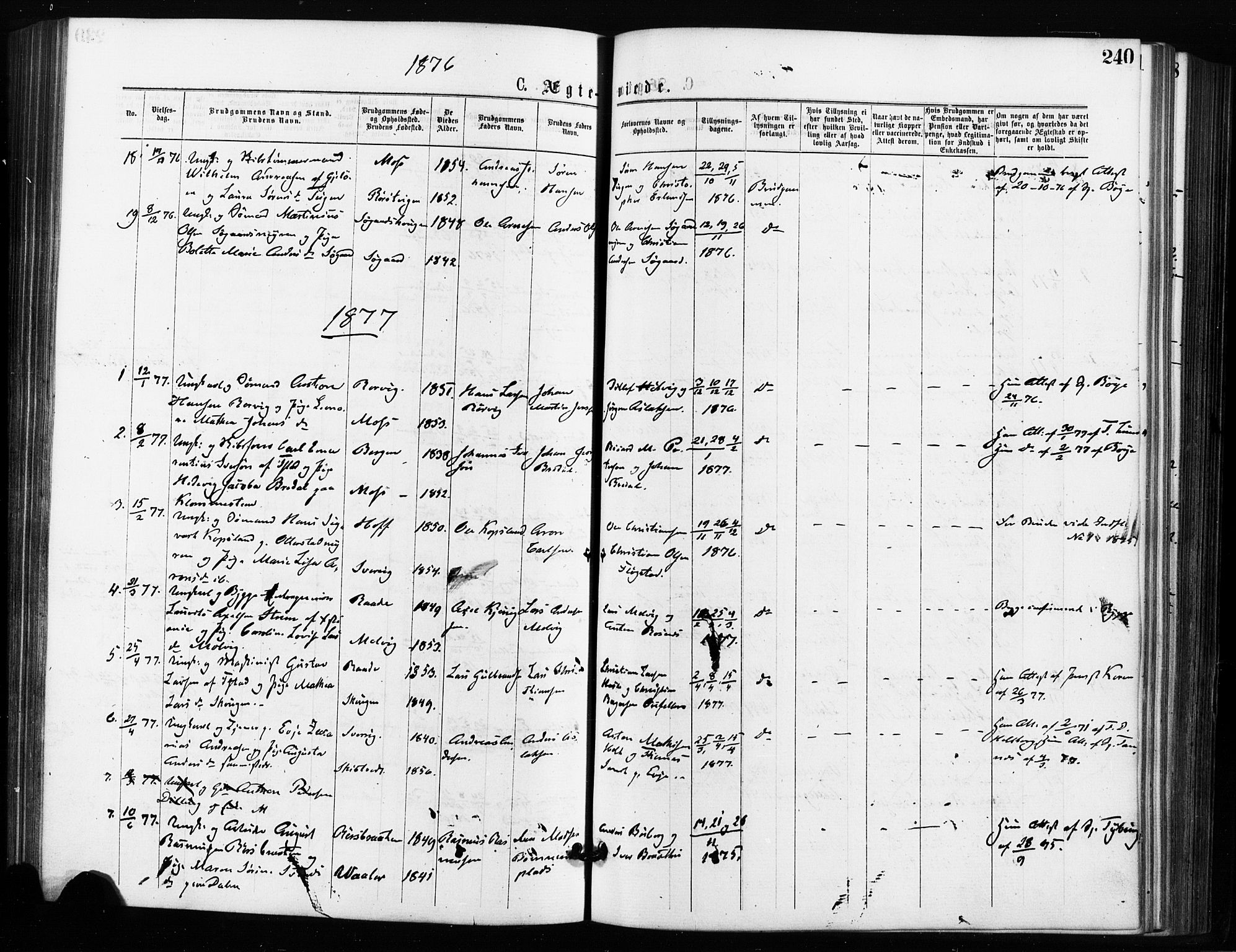 Rygge prestekontor Kirkebøker, AV/SAO-A-10084b/F/Fa/L0006: Ministerialbok nr. 6, 1872-1877, s. 240