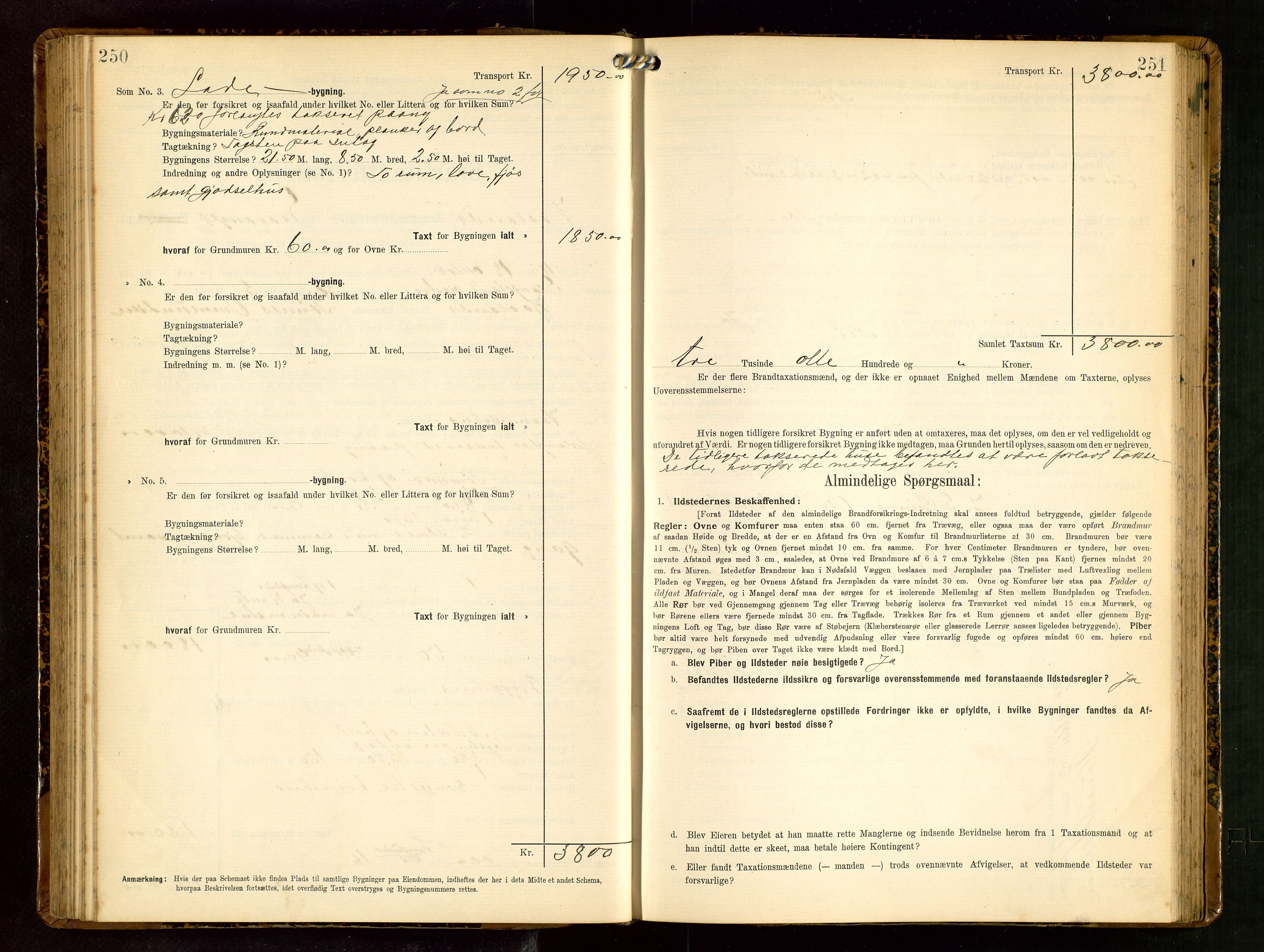 Håland lensmannskontor, AV/SAST-A-100100/Gob/L0003: Branntakstprotokoll - skjematakst. Register i boken., 1909-1910, s. 250-251