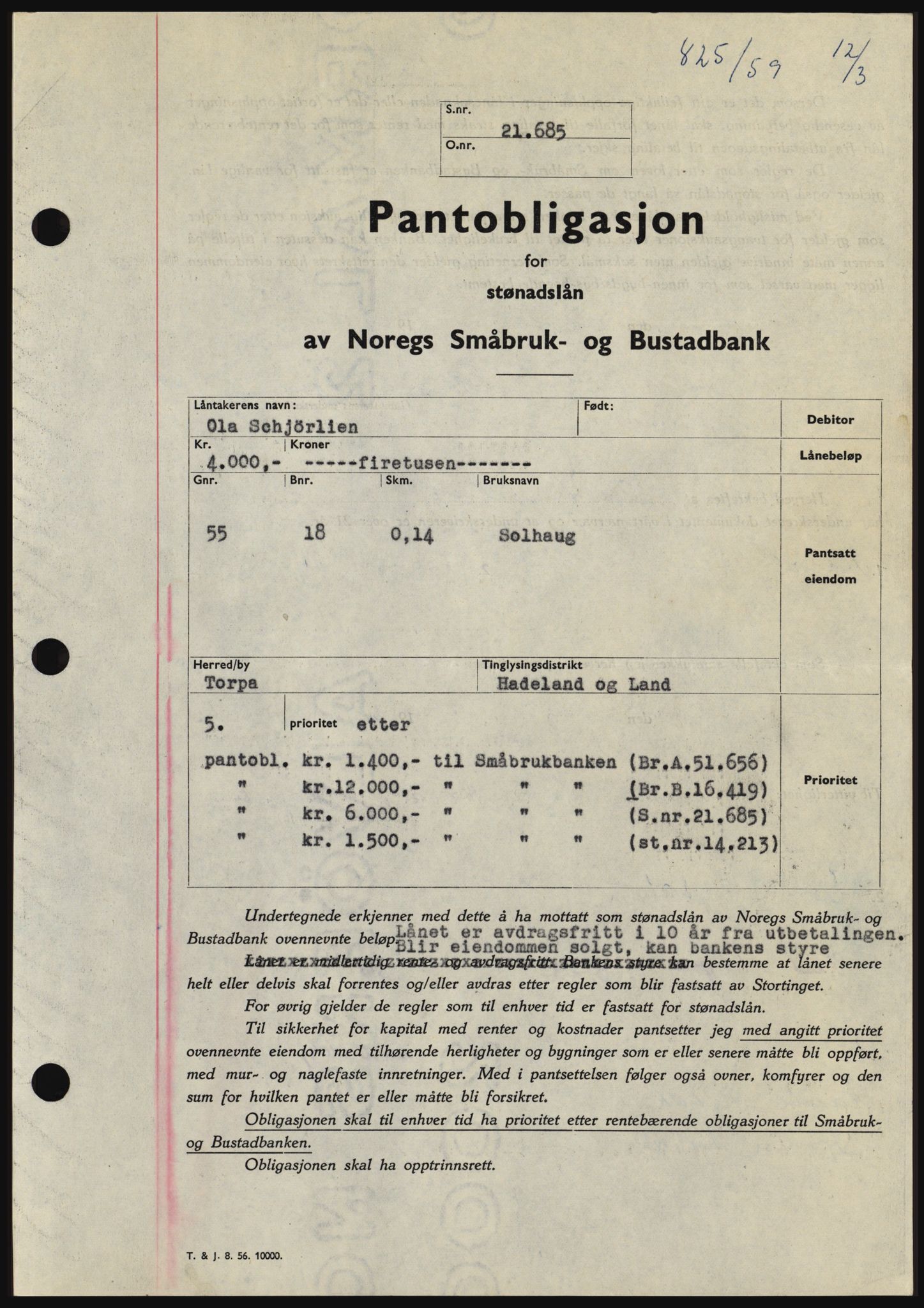 Hadeland og Land tingrett, SAH/TING-010/H/Hb/Hbc/L0040: Pantebok nr. B40, 1959-1959, Dagboknr: 825/1959