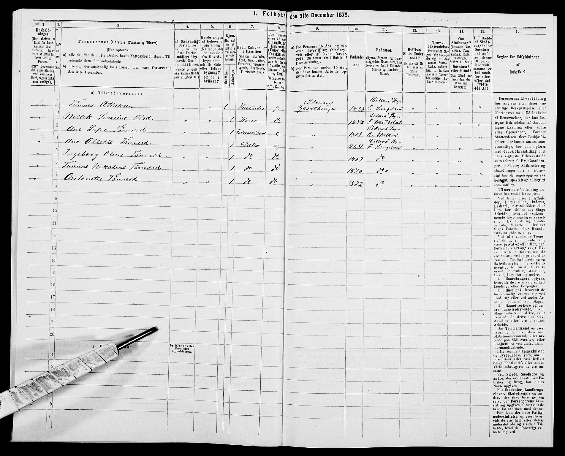 SAK, Folketelling 1875 for 1042L Flekkefjord prestegjeld, Nes sokn og Hidra sokn, 1875, s. 547