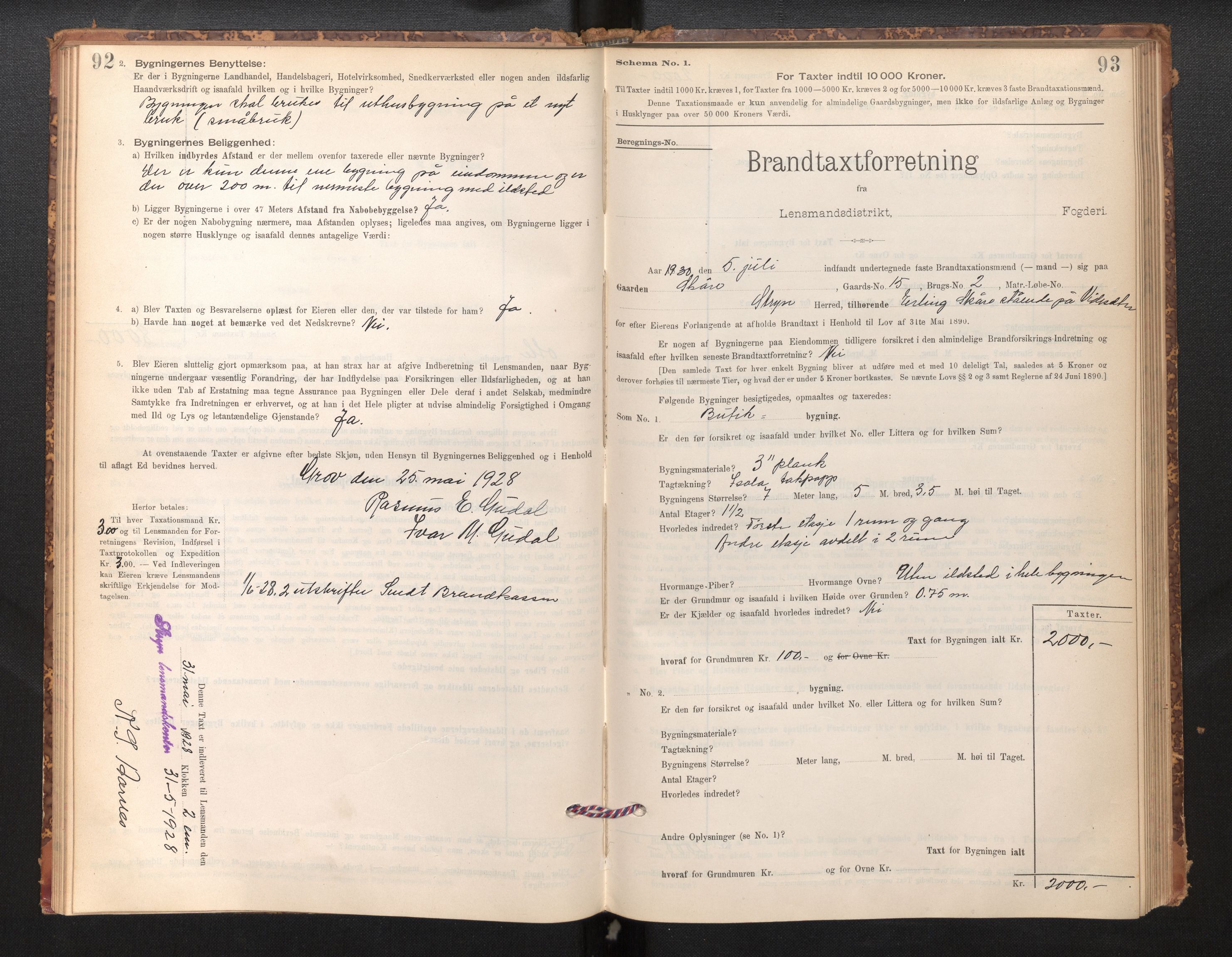 Lensmannen i Stryn og Innvik, SAB/A-30201/0012/L0002: Branntakstprotokoll, skjematakst, 1894-1942, s. 92-93
