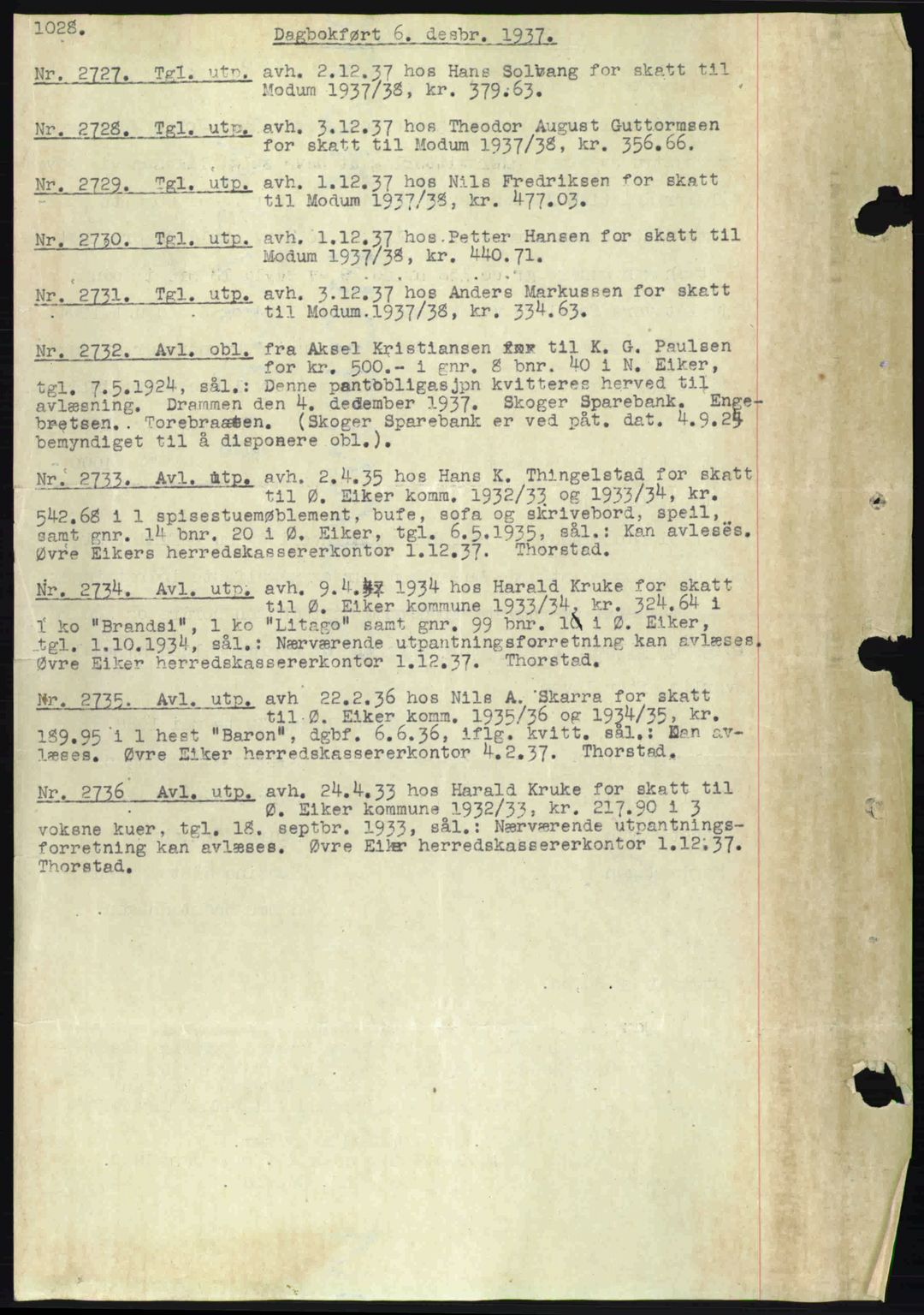 Eiker, Modum og Sigdal sorenskriveri, SAKO/A-123/G/Ga/Gab/L0036: Pantebok nr. A6, 1937-1937, Dagboknr: 2727/1937
