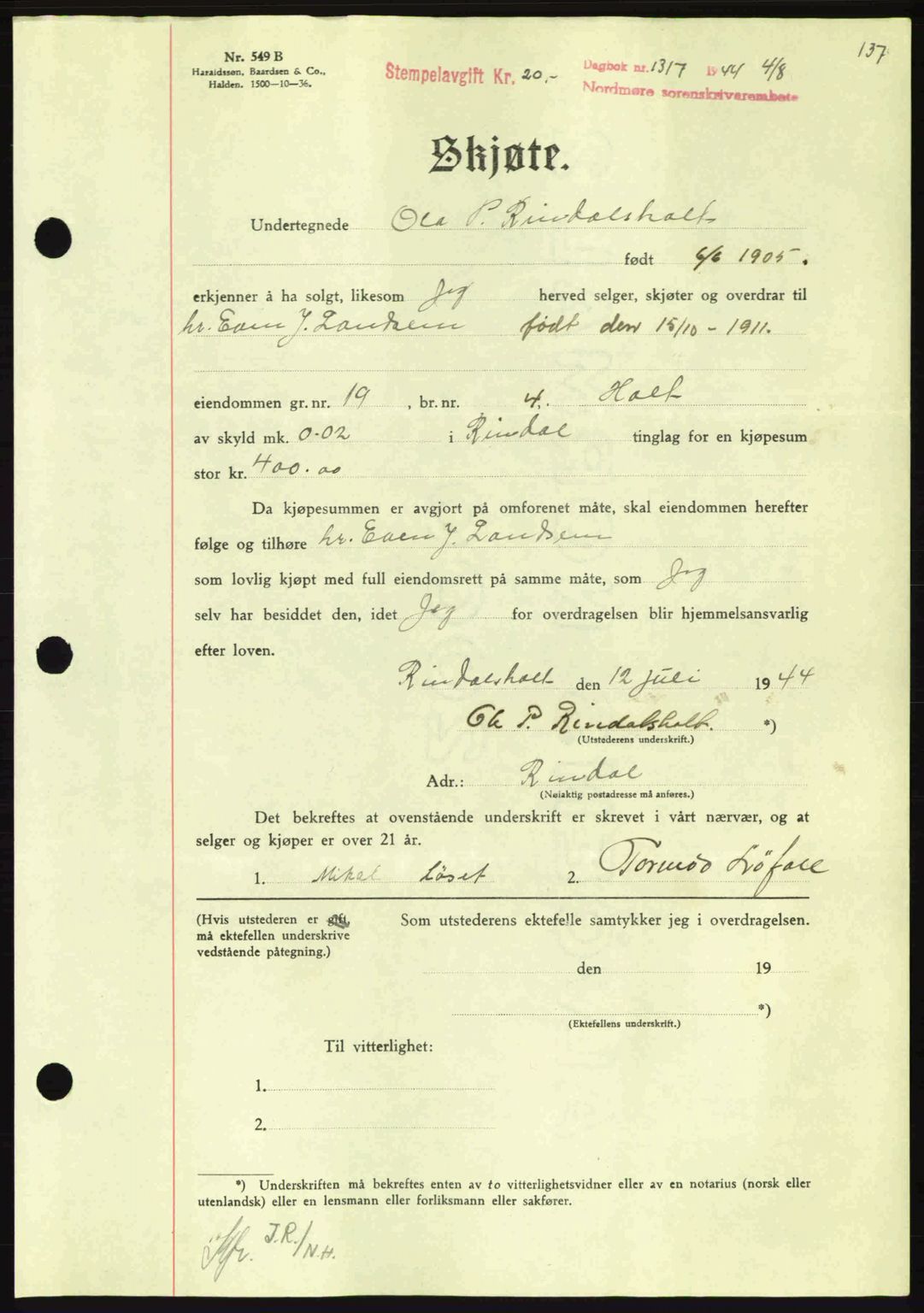 Nordmøre sorenskriveri, SAT/A-4132/1/2/2Ca: Pantebok nr. A98, 1944-1944, Dagboknr: 1317/1944