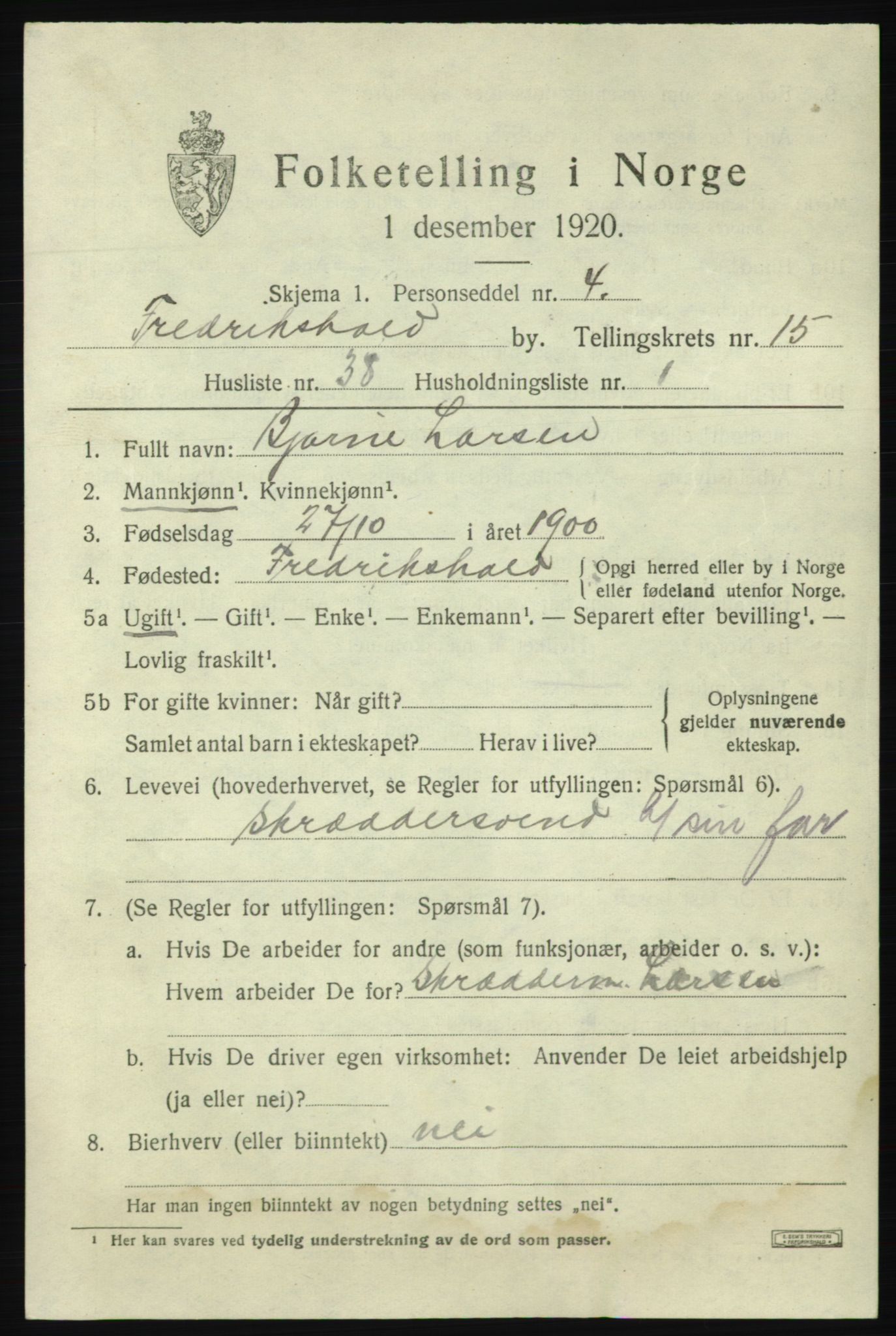 SAO, Folketelling 1920 for 0101 Fredrikshald kjøpstad, 1920, s. 24126