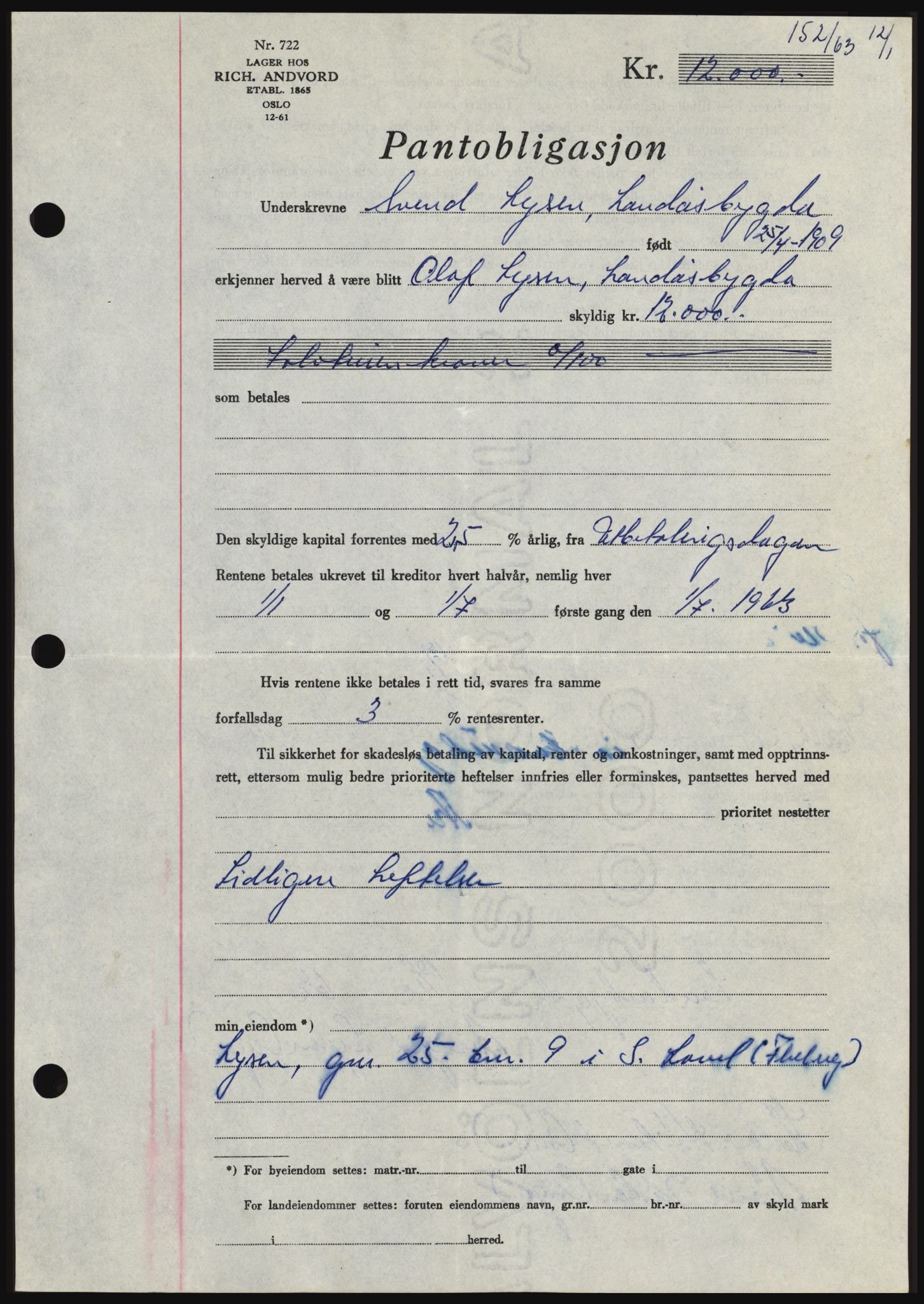 Hadeland og Land tingrett, SAH/TING-010/H/Hb/Hbc/L0050: Pantebok nr. B50, 1962-1963, Dagboknr: 152/1963