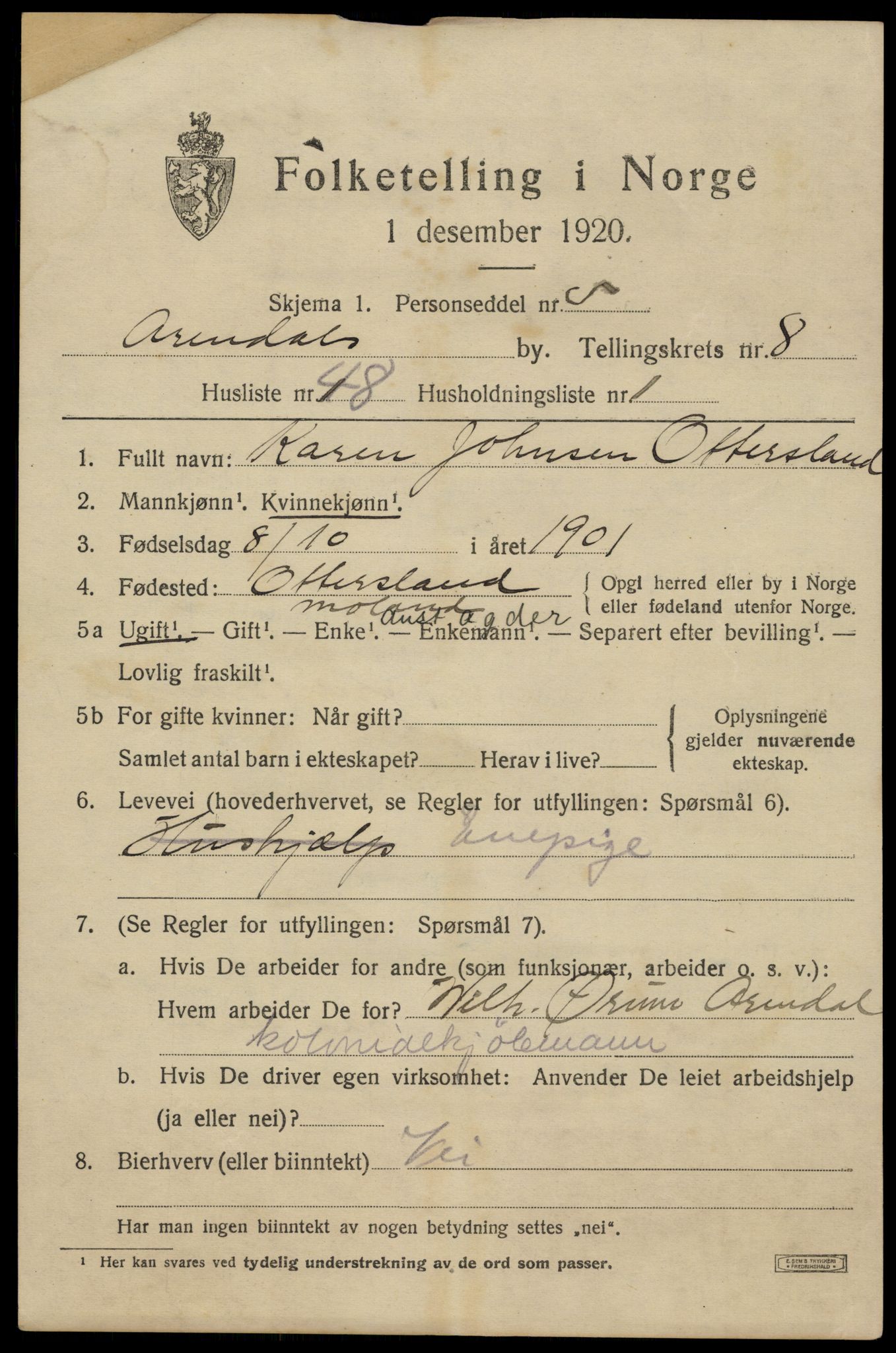 SAK, Folketelling 1920 for 0903 Arendal kjøpstad, 1920, s. 16094