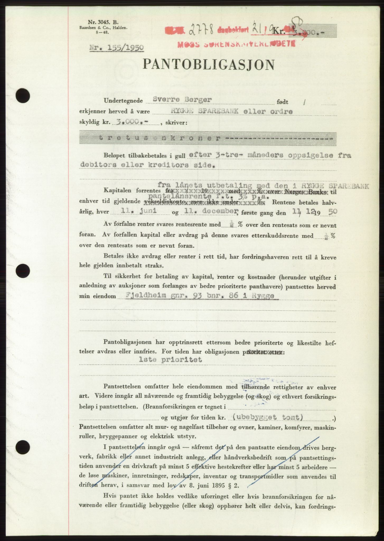 Moss sorenskriveri, SAO/A-10168: Pantebok nr. B25, 1950-1950, Dagboknr: 2778/1950