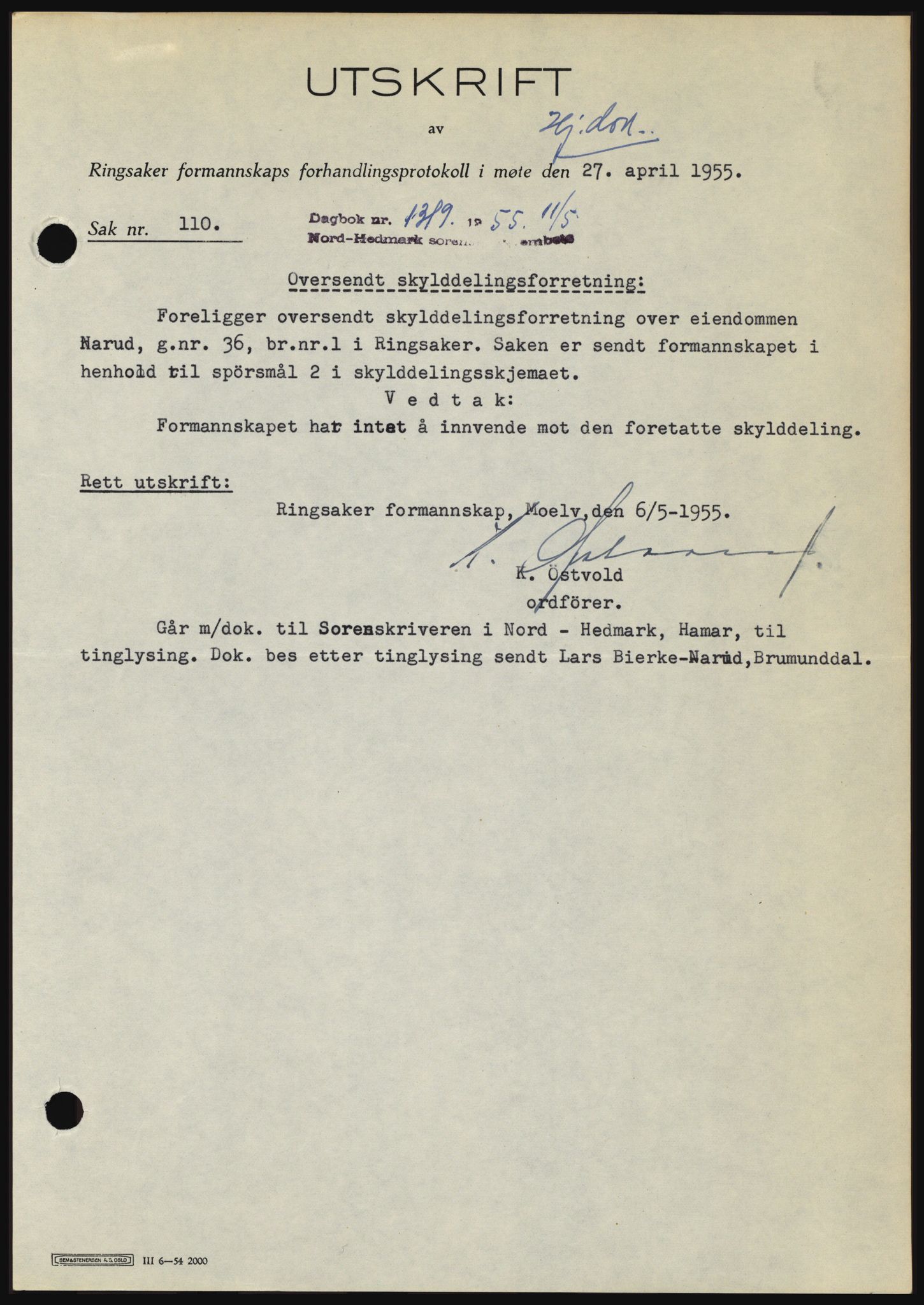 Nord-Hedmark sorenskriveri, SAH/TING-012/H/Hc/L0010: Pantebok nr. 10, 1955-1956, Dagboknr: 1319/1955
