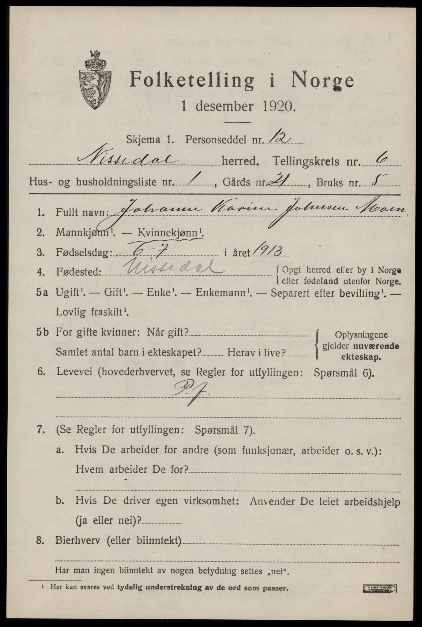SAKO, Folketelling 1920 for 0830 Nissedal herred, 1920, s. 2293