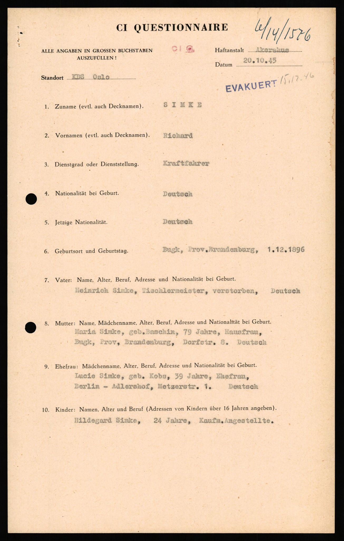 Forsvaret, Forsvarets overkommando II, AV/RA-RAFA-3915/D/Db/L0032: CI Questionaires. Tyske okkupasjonsstyrker i Norge. Tyskere., 1945-1946, s. 91