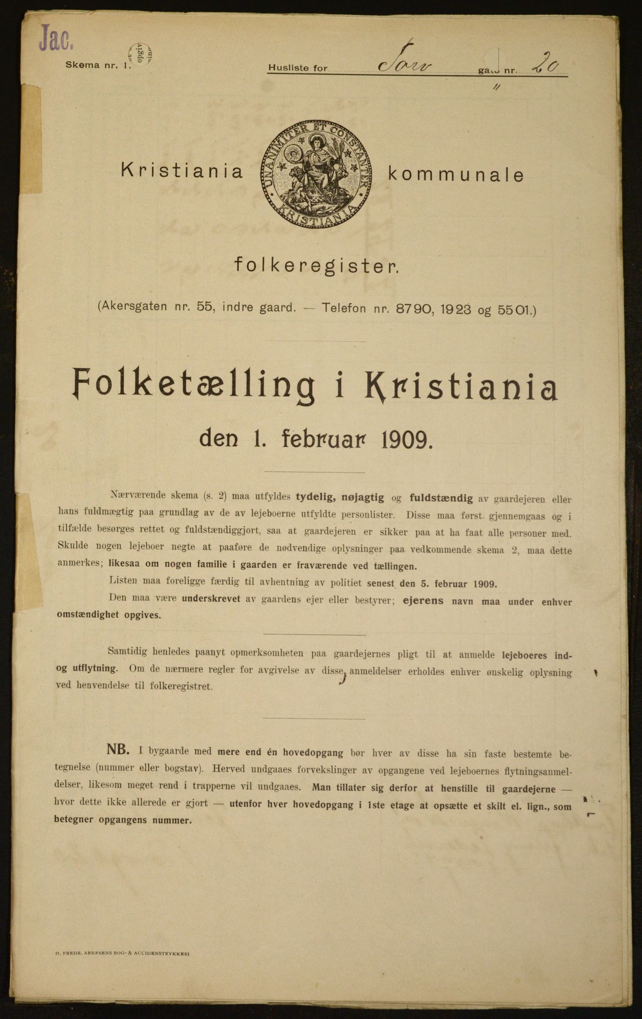 OBA, Kommunal folketelling 1.2.1909 for Kristiania kjøpstad, 1909, s. 103452