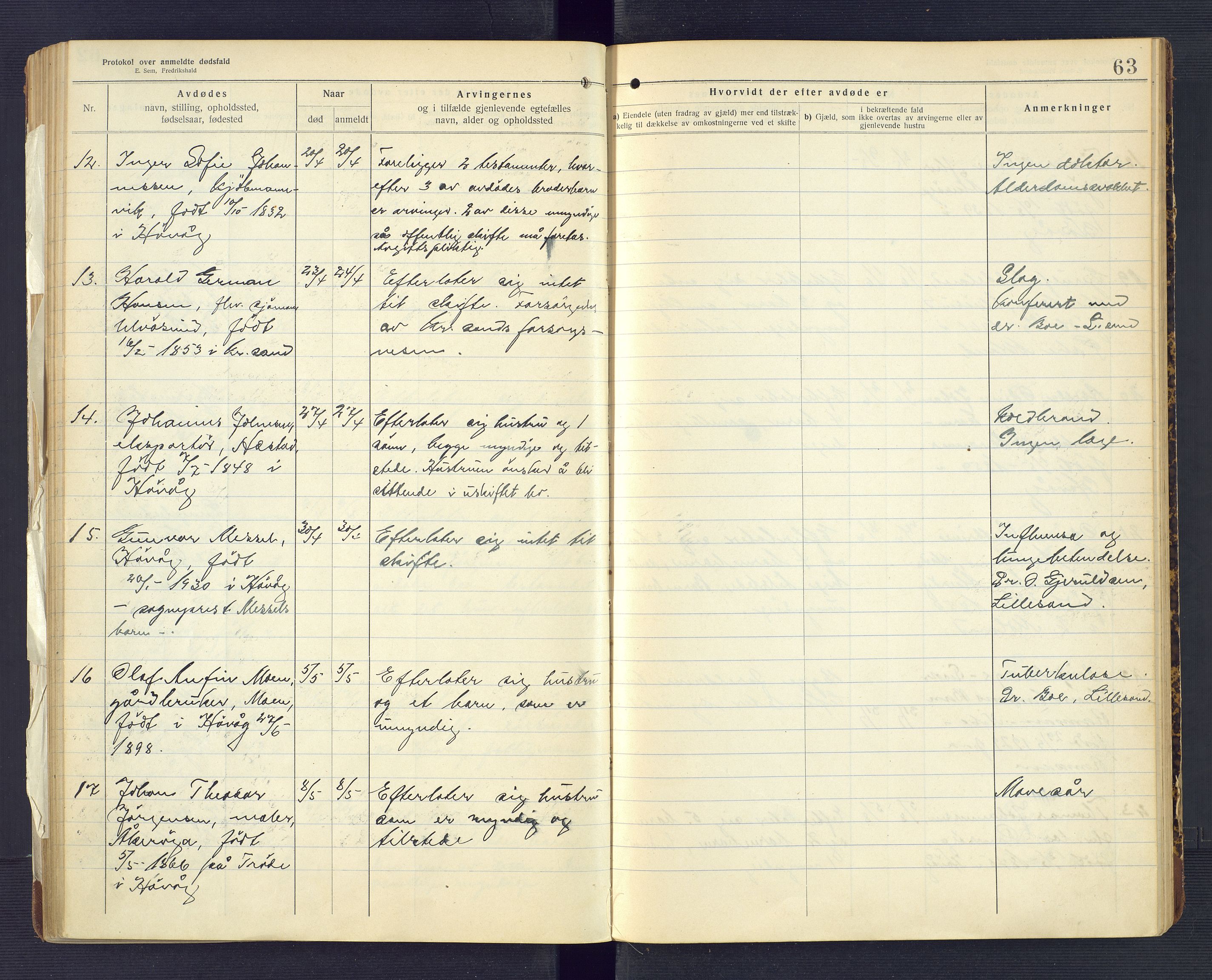 Høvåg lensmannskontor, AV/SAK-1241-0024/F/Fe/L0041: Protokoll over anmeldte dødsfall, 1916-1933, s. 63