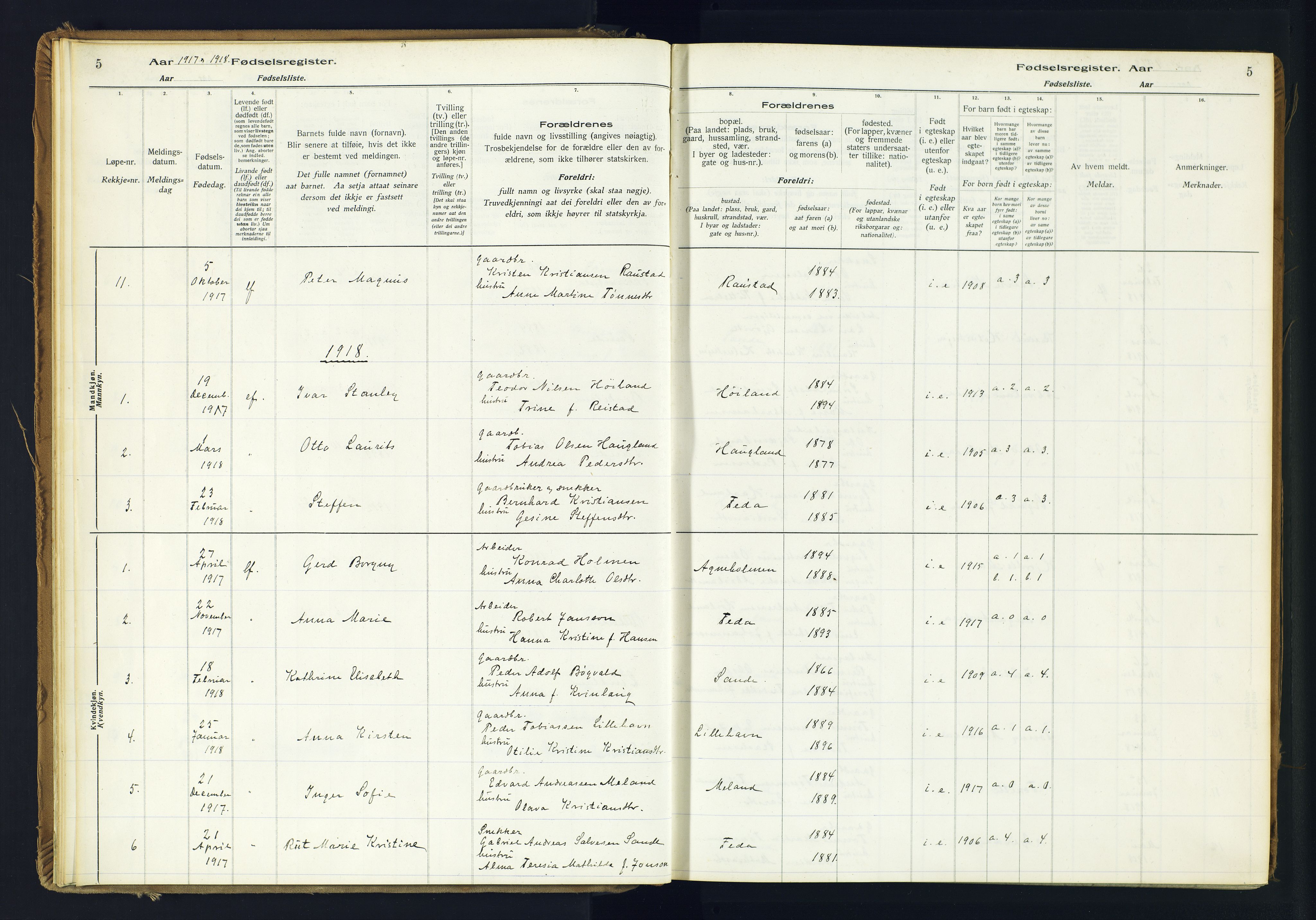 Kvinesdal sokneprestkontor, SAK/1111-0026/J/Ja/L0005: Fødselsregister nr. 5, 1916-1982, s. 5