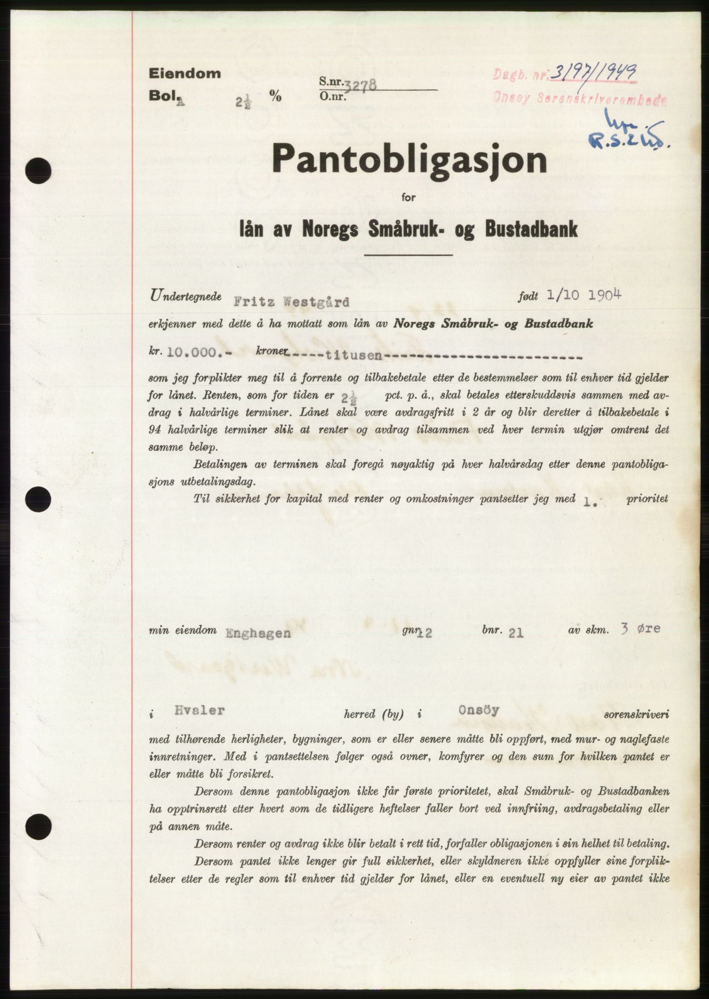 Onsøy sorenskriveri, SAO/A-10474/G/Ga/Gac/L0009: Pantebok nr. B 13-9, 1949-1950, Dagboknr: 3197/1949