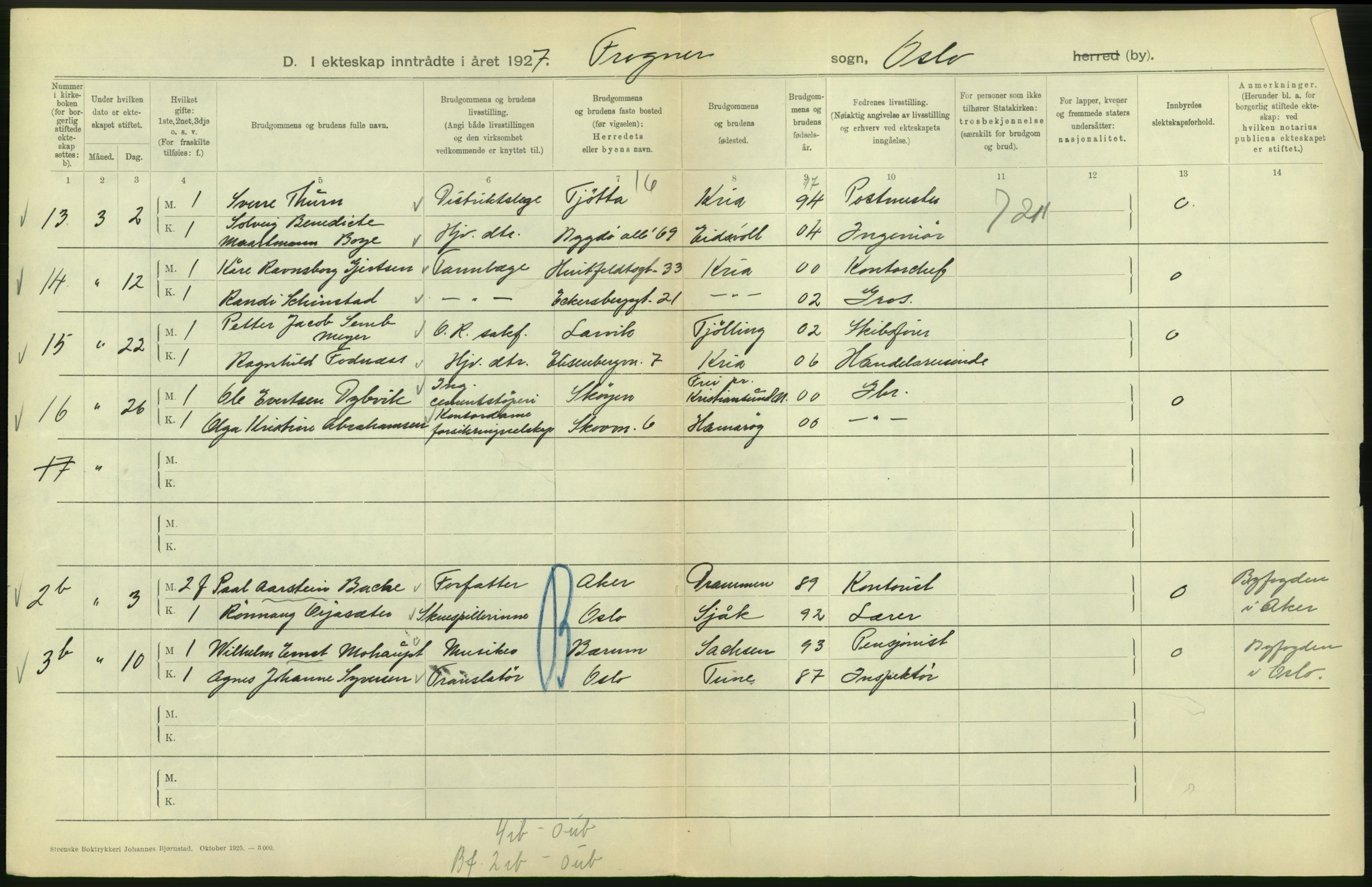 Statistisk sentralbyrå, Sosiodemografiske emner, Befolkning, RA/S-2228/D/Df/Dfc/Dfcg/L0008: Oslo: Gifte, 1927, s. 164