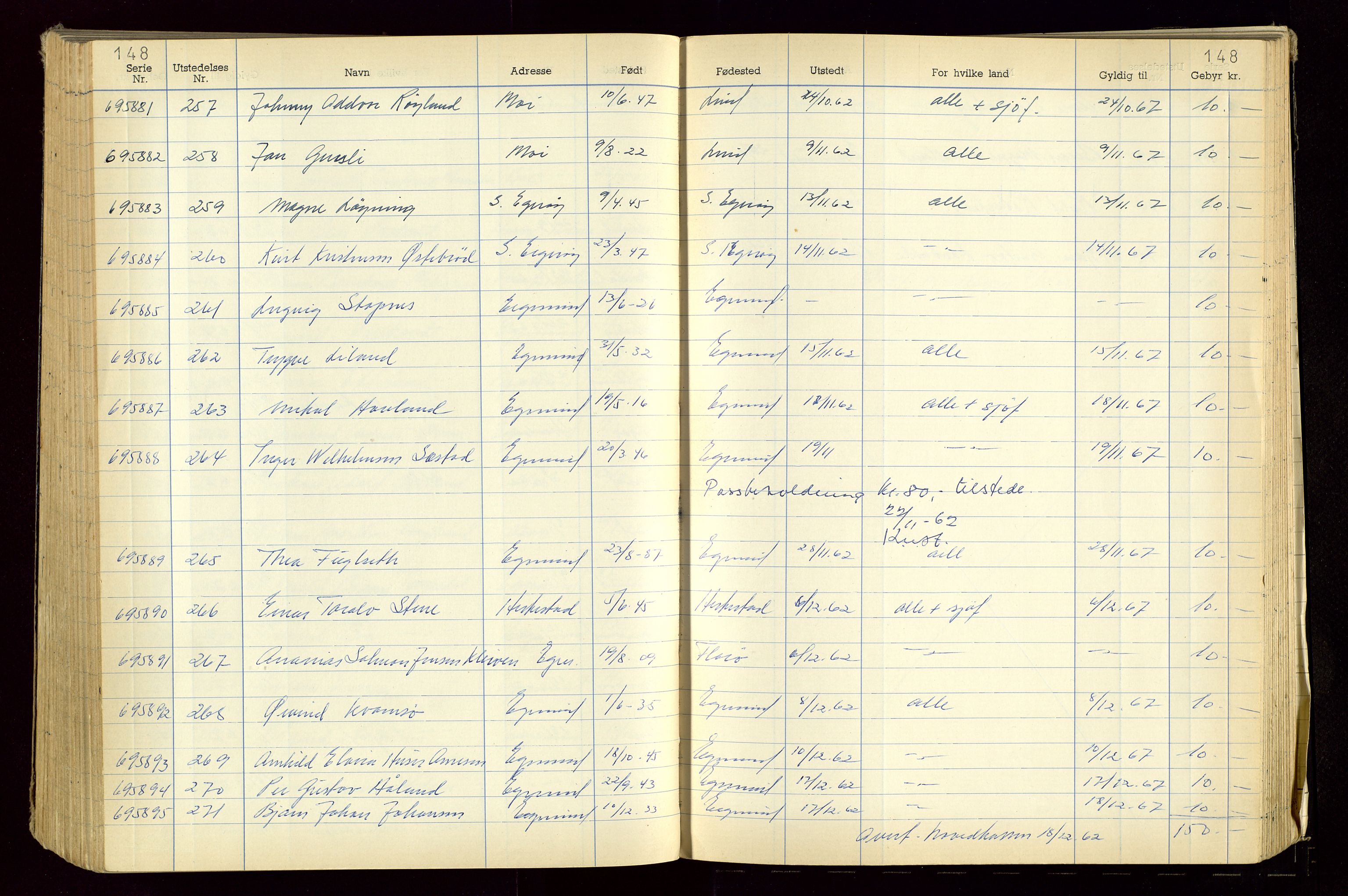 Eigersund politistasjon, AV/SAST-A-100445/K/L0001: Passjournal, 1955-1967, s. 148